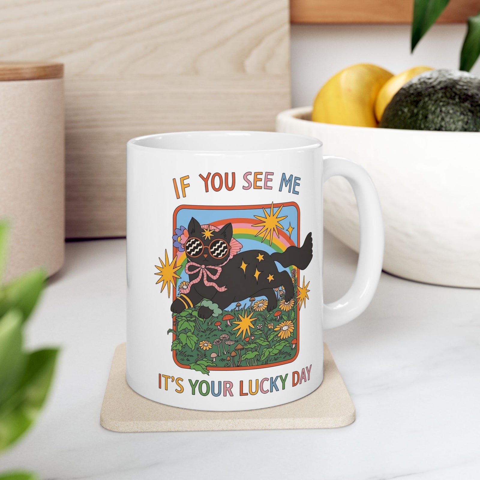 If You See Me It's Your Lucky Day Ceramic Mug — Retro Groovy Black Cat Rainbow Graphic Mug