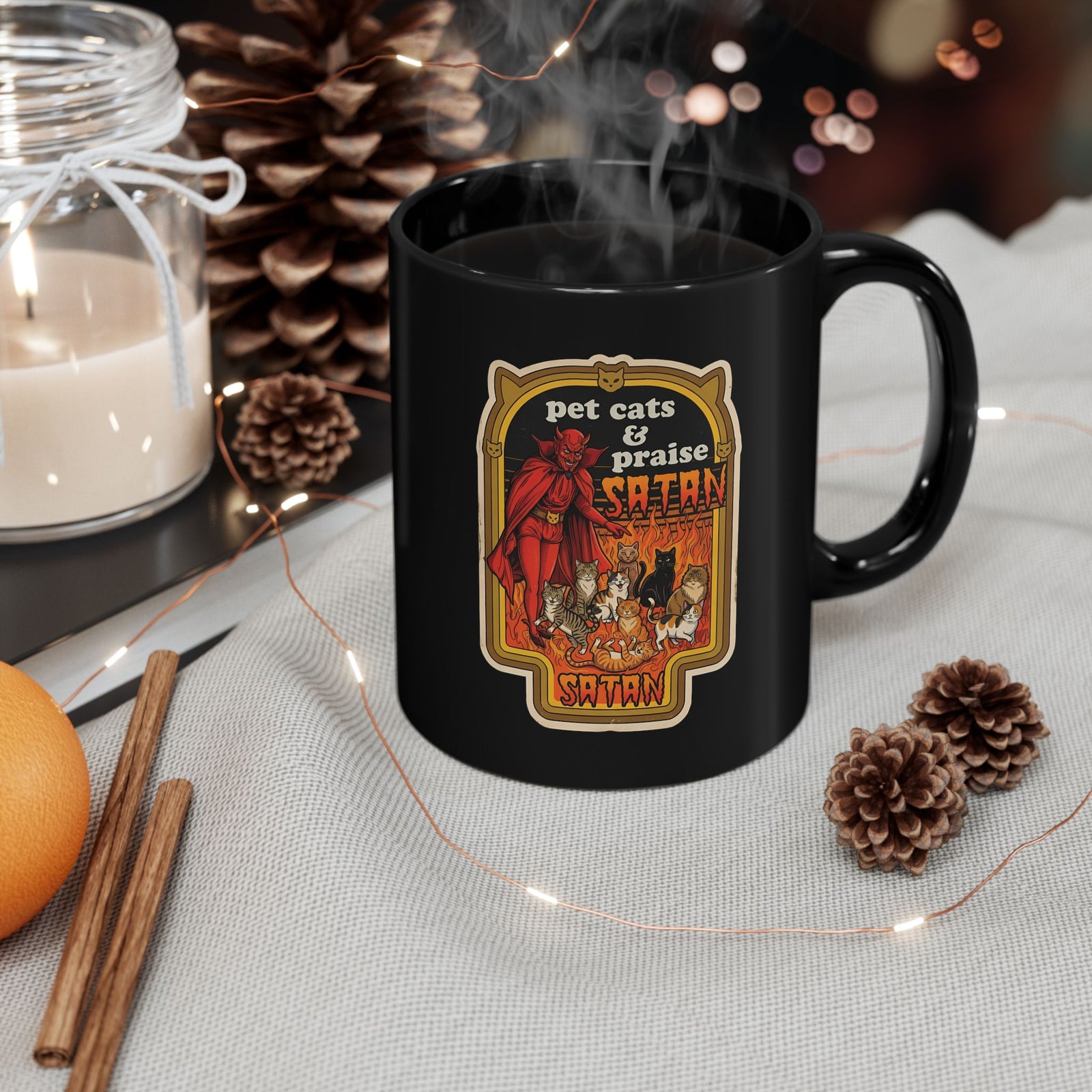 Pet Cats and Praise Satan Black Mug — Gothic Cat Lover Mug