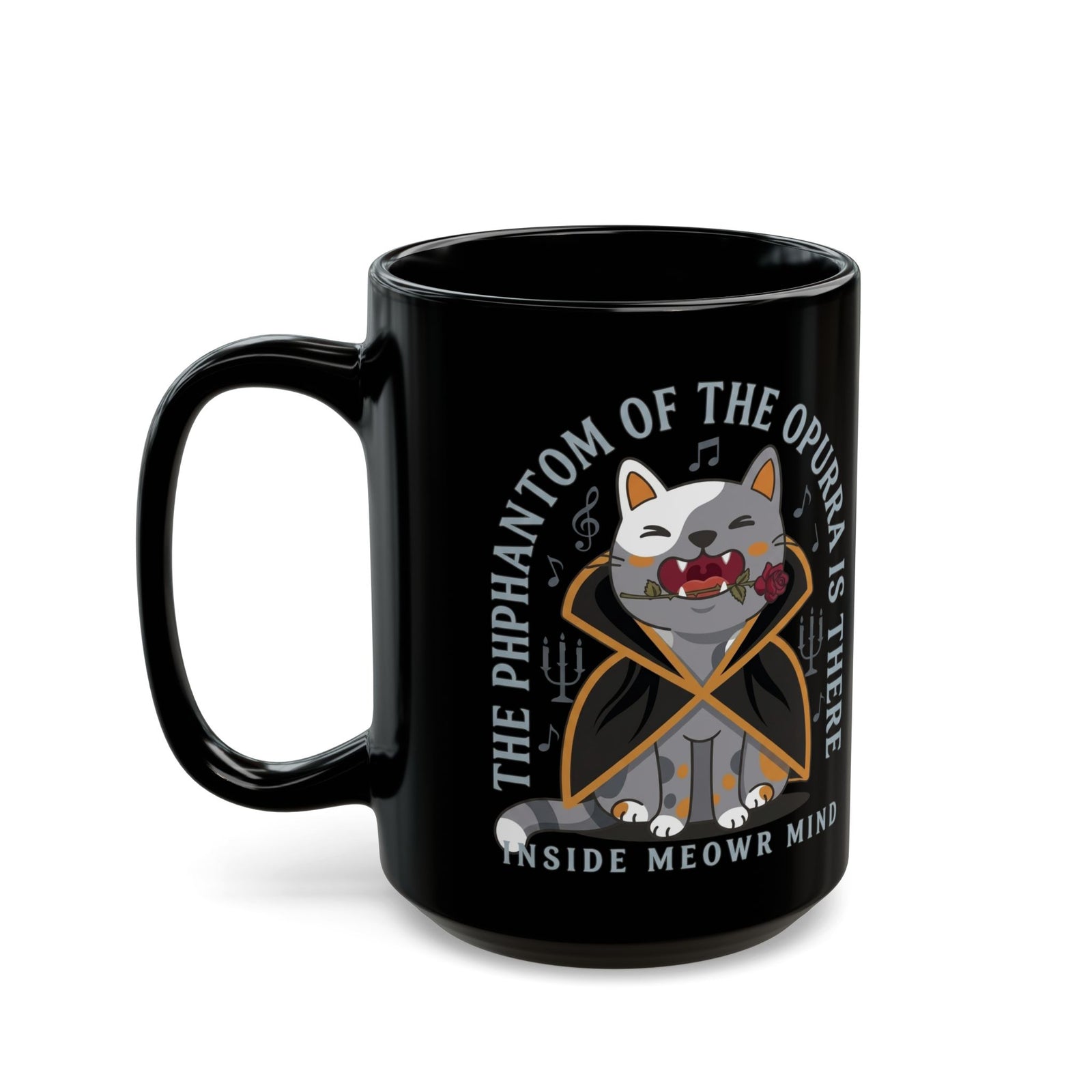 Phantom of the Opurra Black Mug — Cat Musical Parody Mug