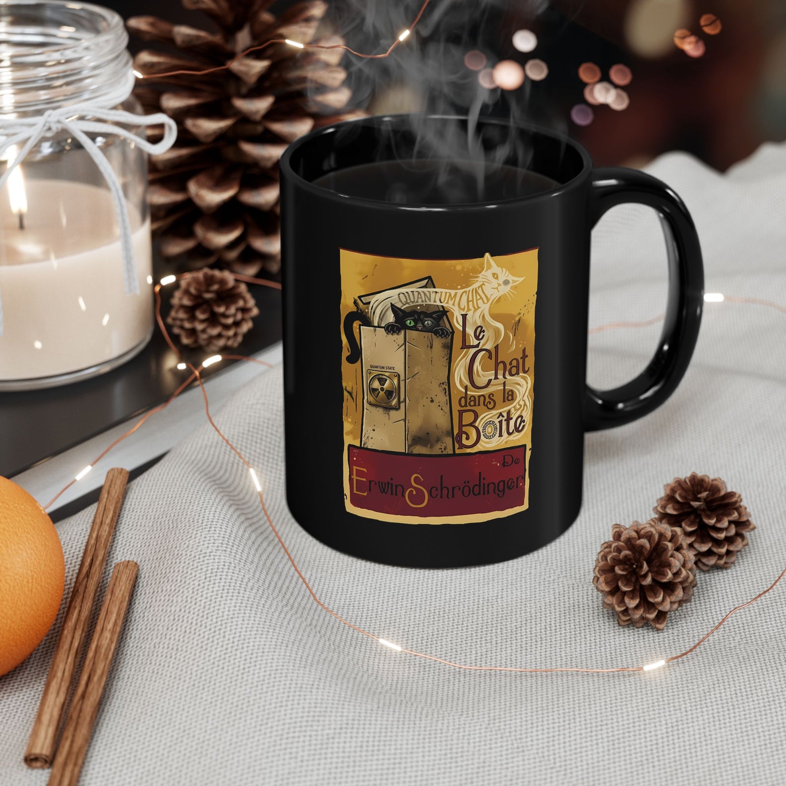 Le Chat dans la Boite Cat Black Mug — Cute French Cat Graphic Mug