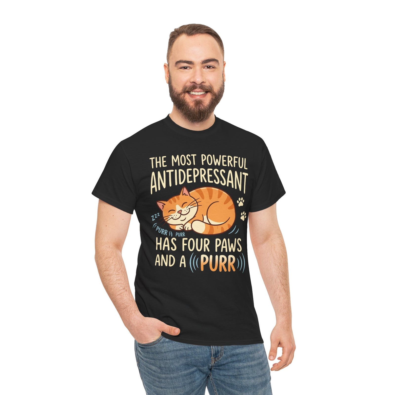 Cat Lover T-Shirt — “The Most Powerful Antidepressant Has Four Paws and a Purr”