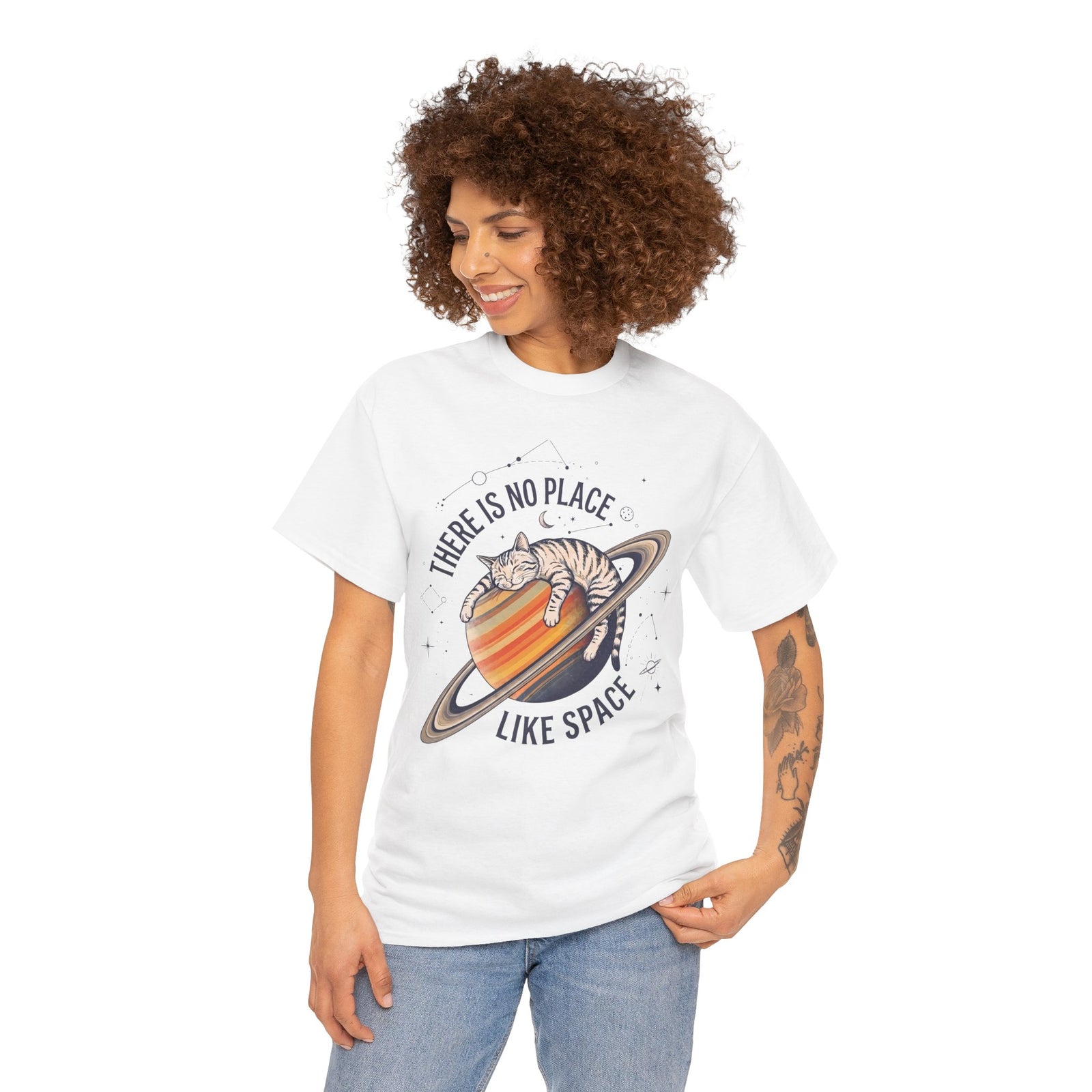 There Is No Place Like Space T-Shirt — Funny Sleeping Cat Saturn Tee