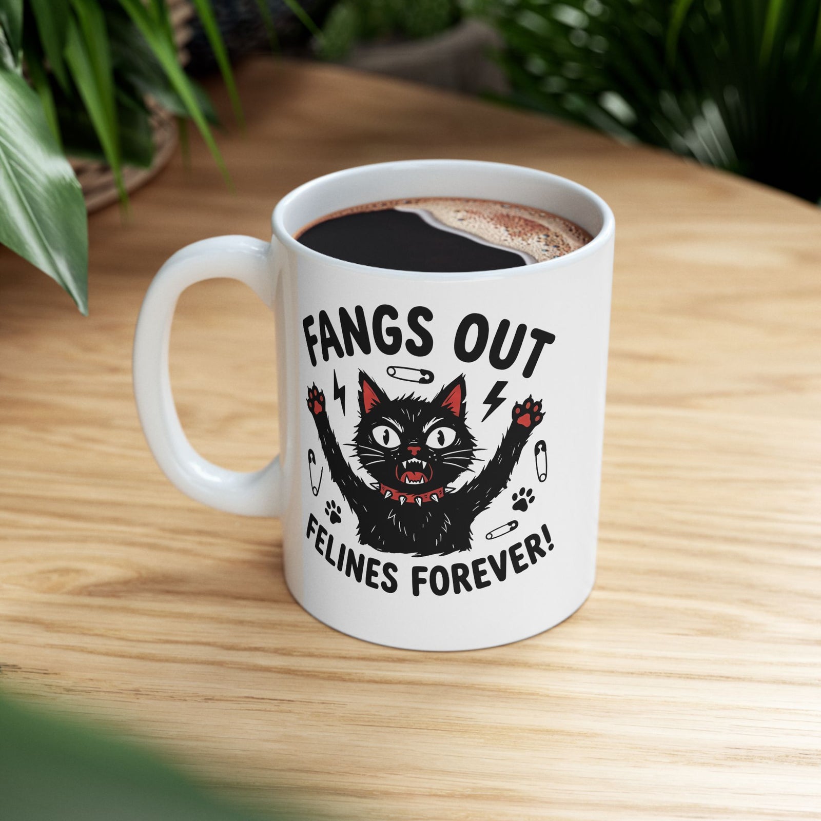 Fangs Out Felines Forever Mug — Cat Lover Graphic T‑Mug
