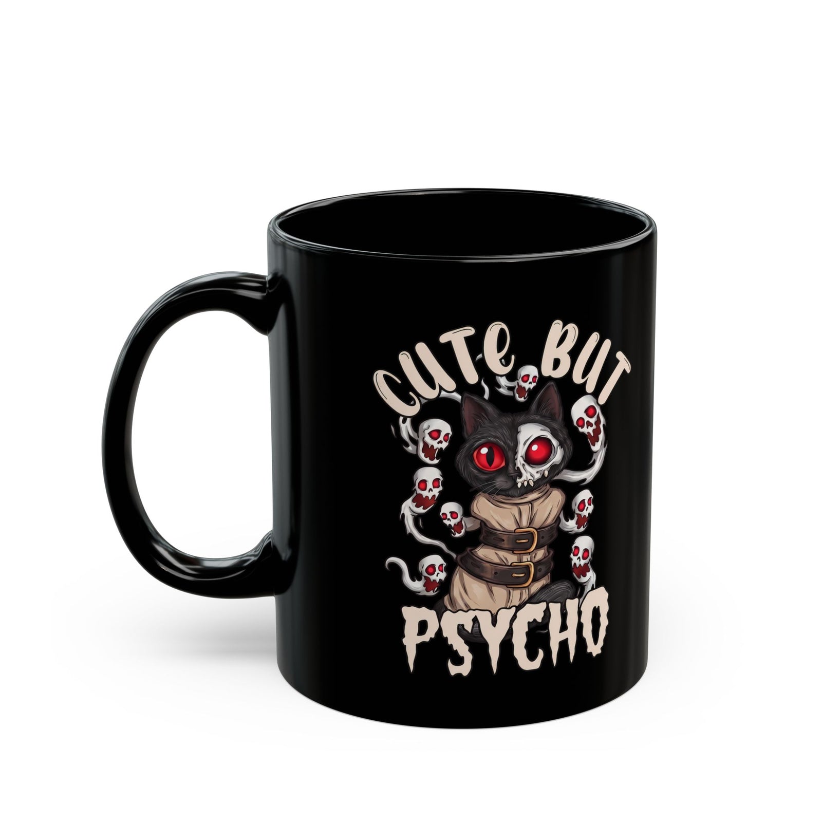 Cute But Psycho Black Mug — Funny Straightjacket Black Cat Horror Mug