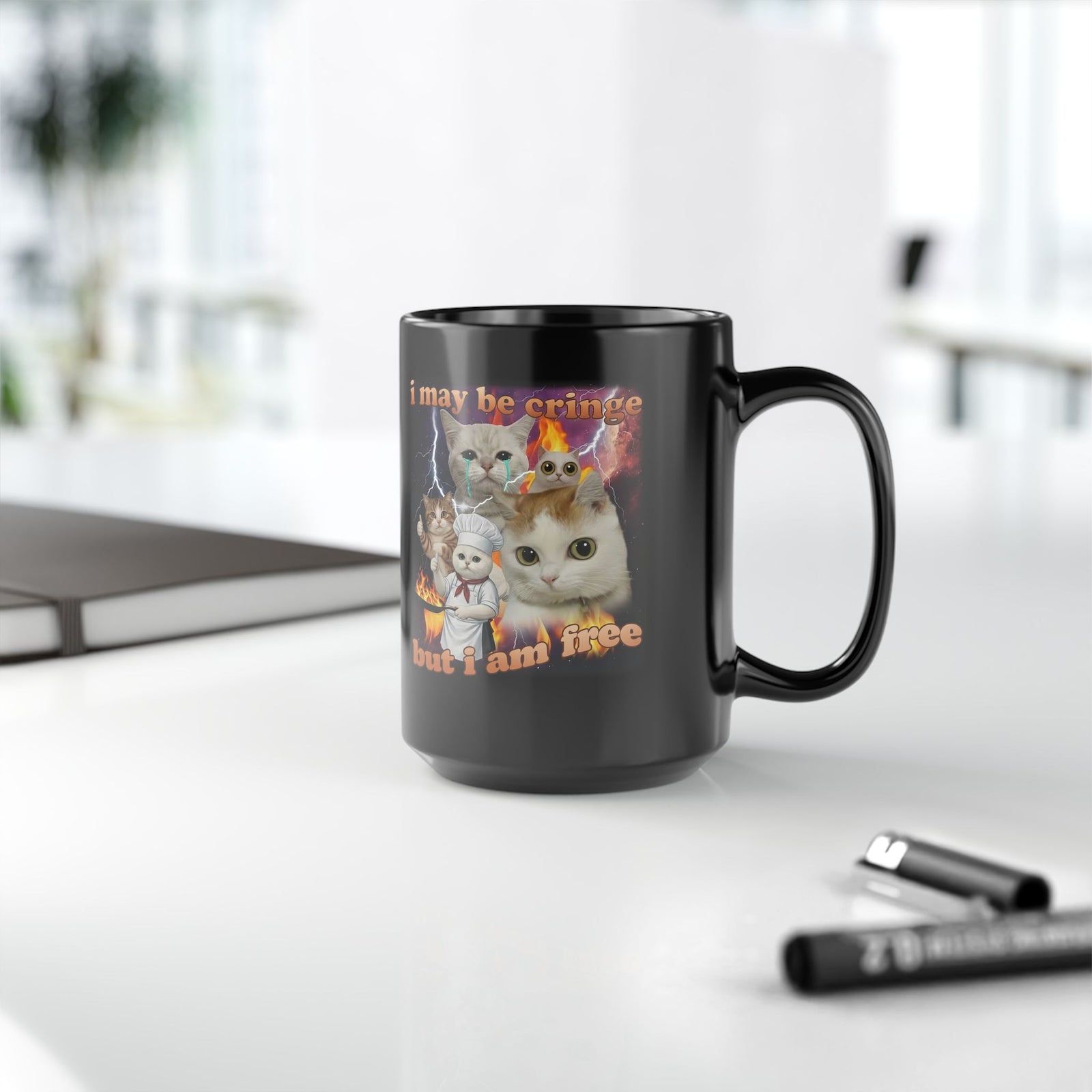 "I May Be Cringe But I Am Free" Black Mug — Funny Self-Expression Mug