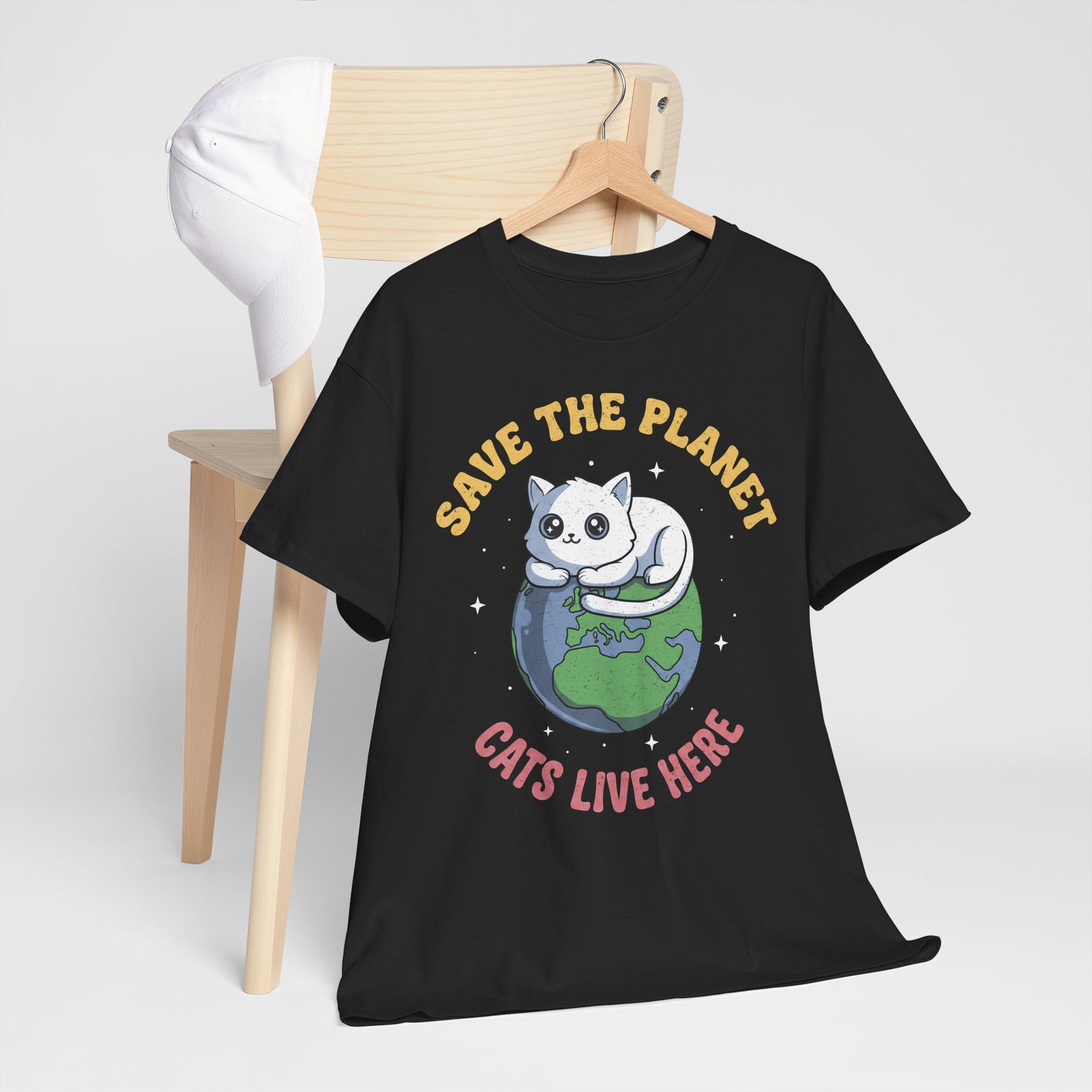 Save The Planet Cats Live Here T-Shirt — Cute White Cat Earth Tee
