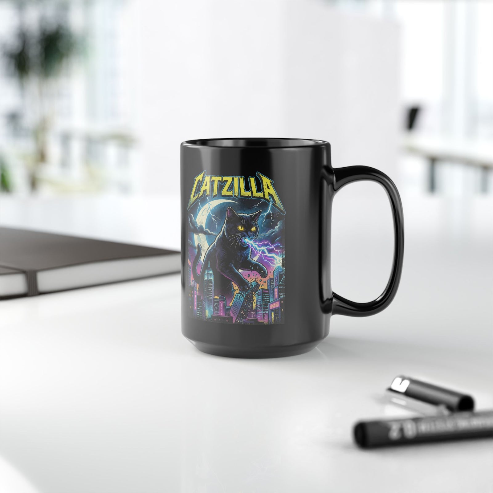 Cat Attack Black Mug — Funny Graphic Cat Mug