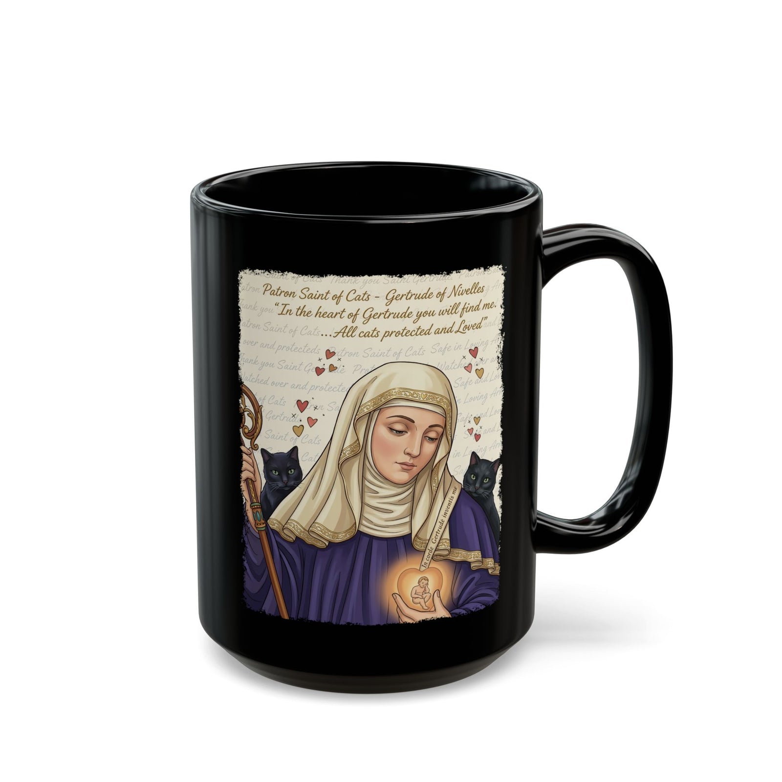 Gertrude of Nivelles "All Cats Protected and Loved" Black Mug