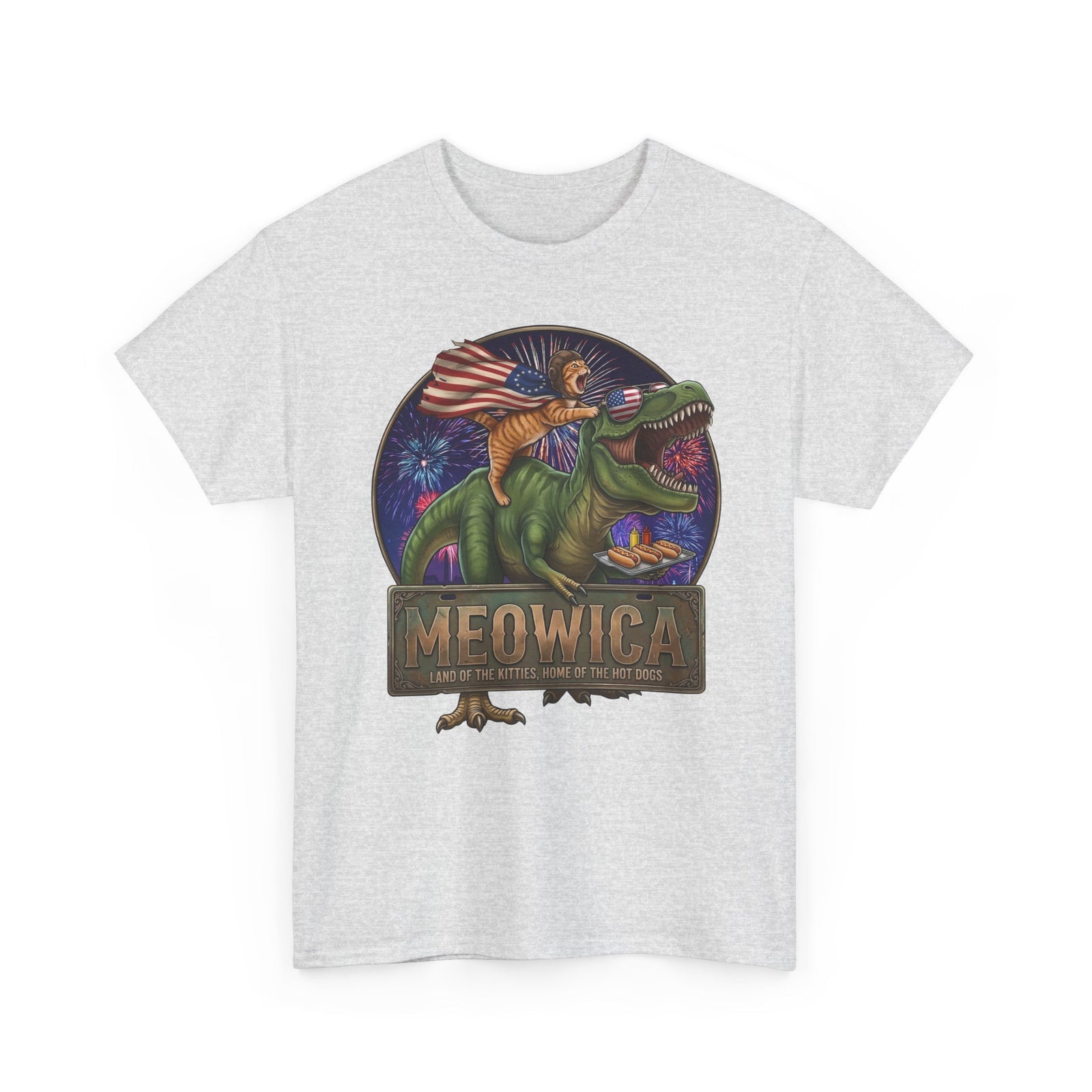 4th of July Cat Riding T‑Rex T‑Shirt "Meowica: Land of the Kitties" Patriotic Graphic
