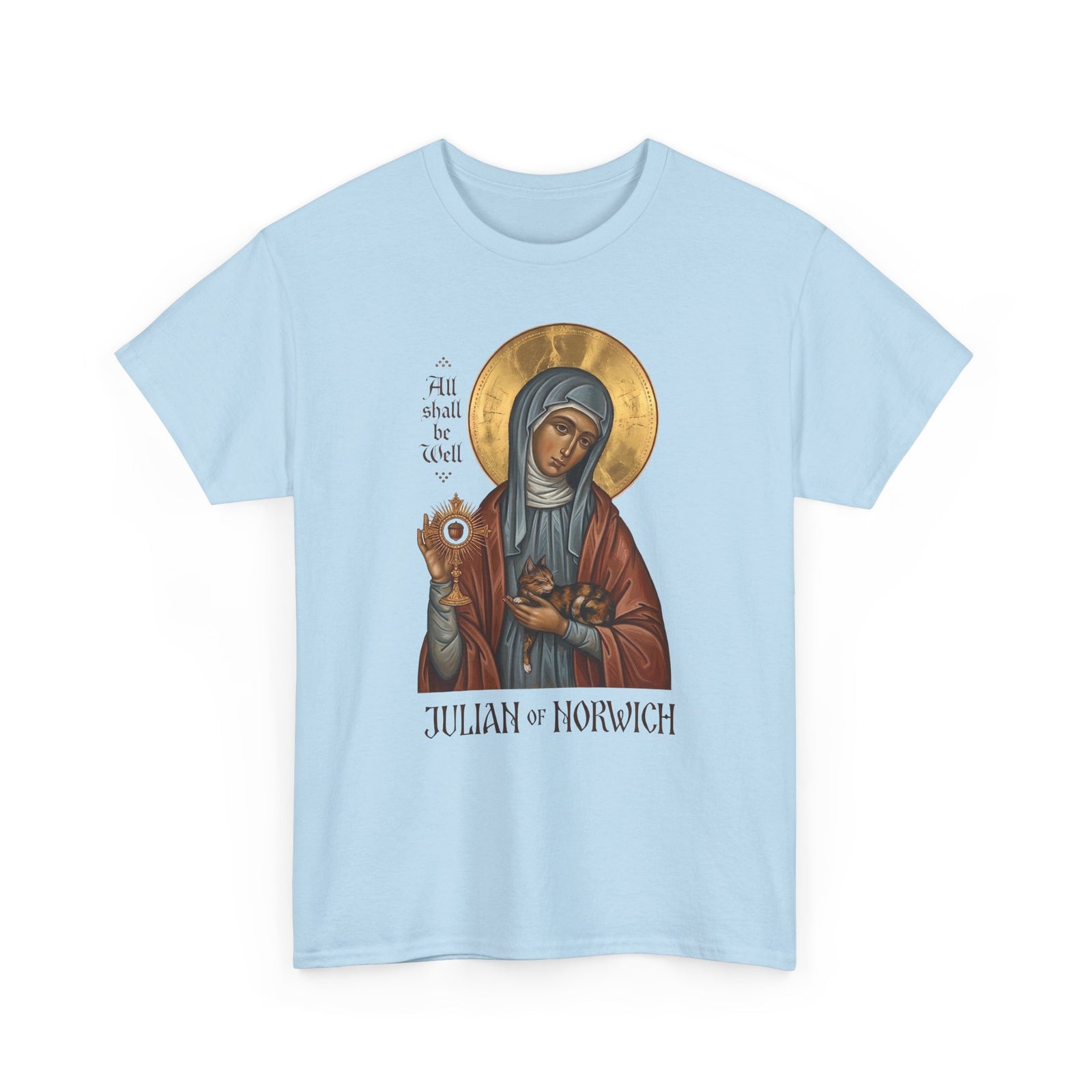 Julian of Norwich & Cat T-Shirt — Spiritual Saint Tee for Cat Lovers
