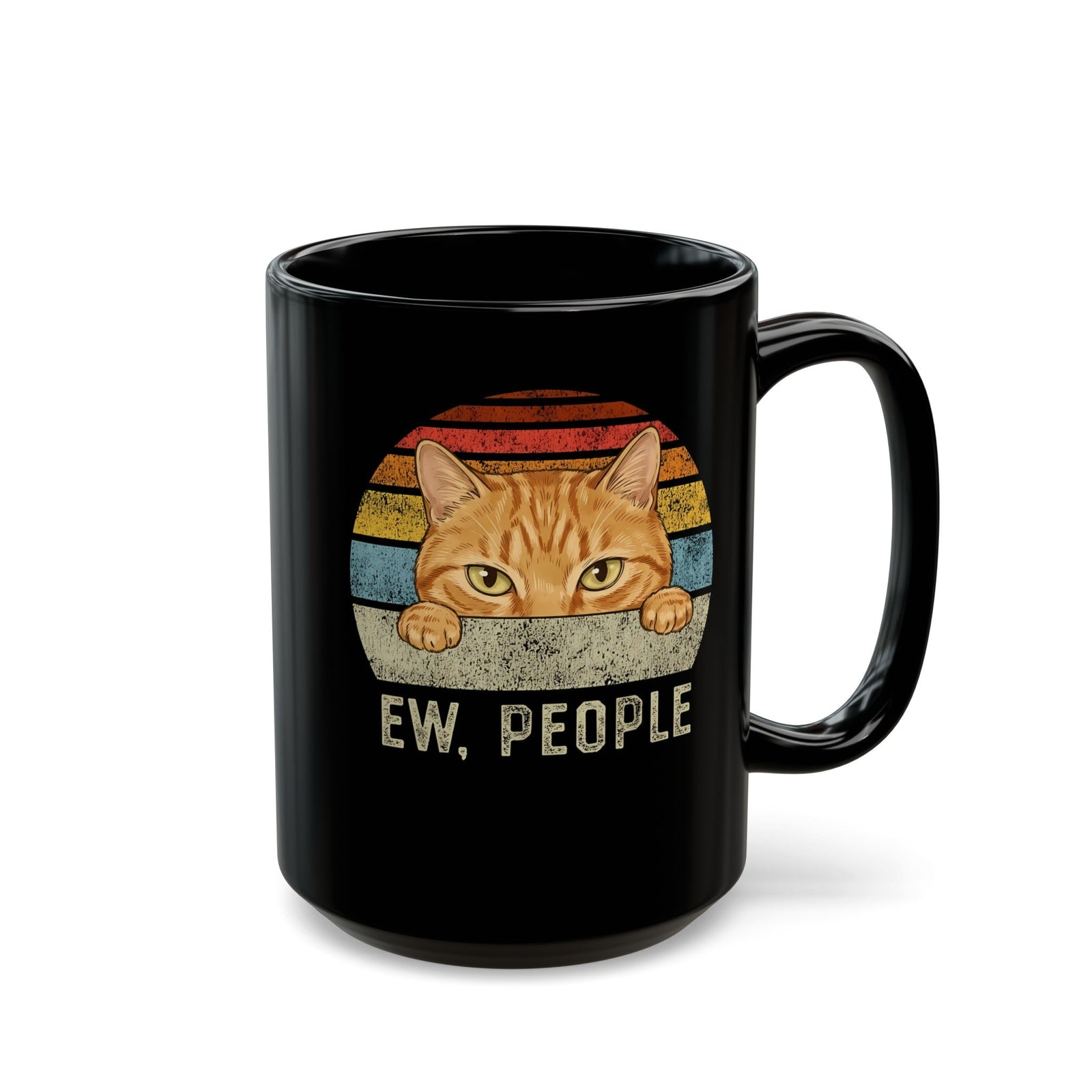 Ew People Orange Cat Black Mug — Funny Retro Sunset Introvert Graphic Mug
