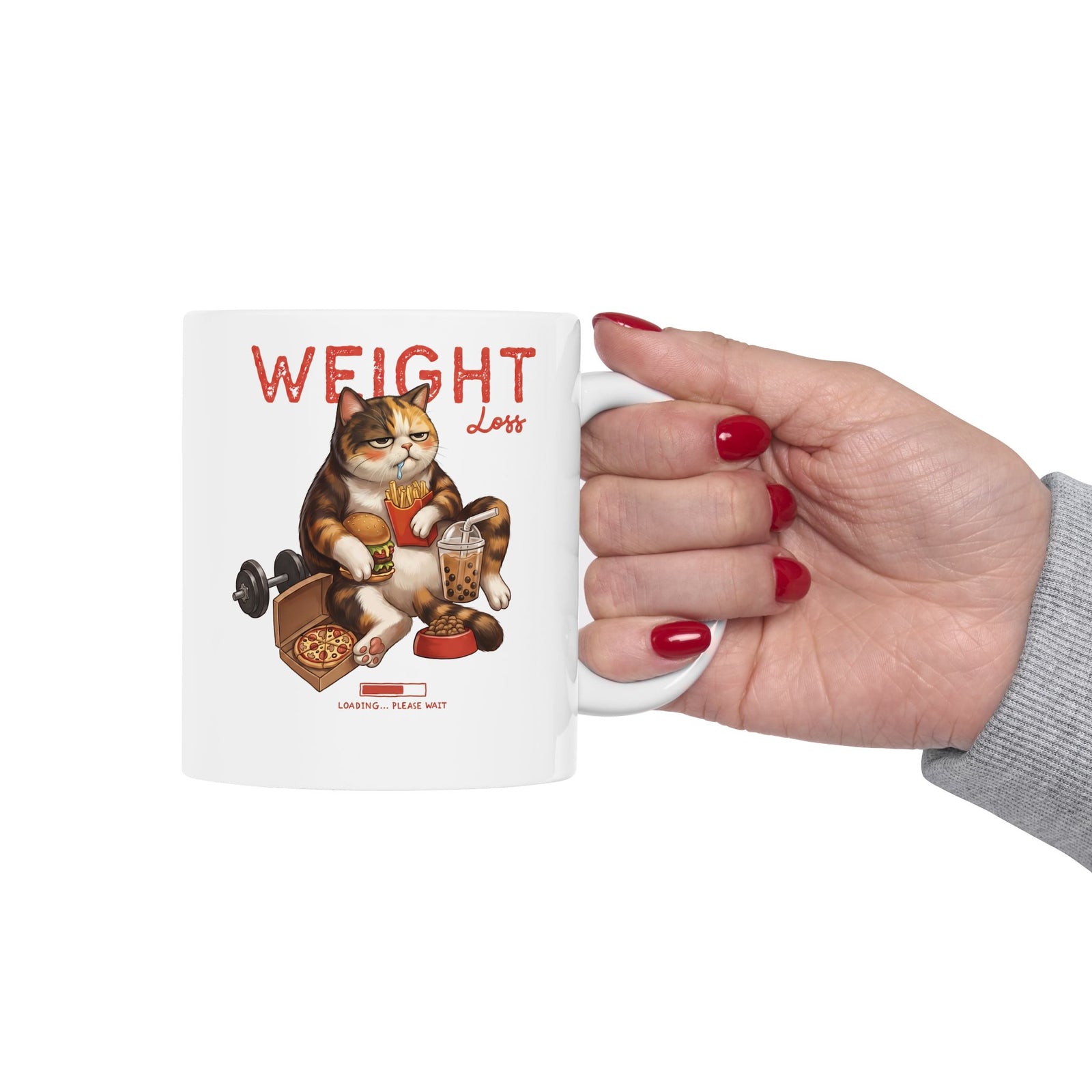 Weight Loss Loading Funny Cat Ceramic Mug — Chubby Calico Junk Food Mug