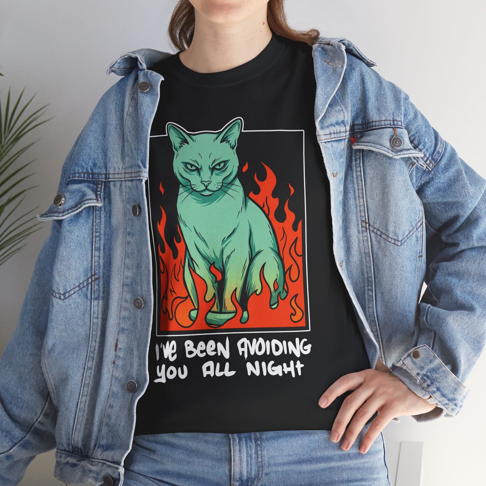 I've Been Avoiding You All Night T-Shirt — Funny Introvert Cat Flames Tee