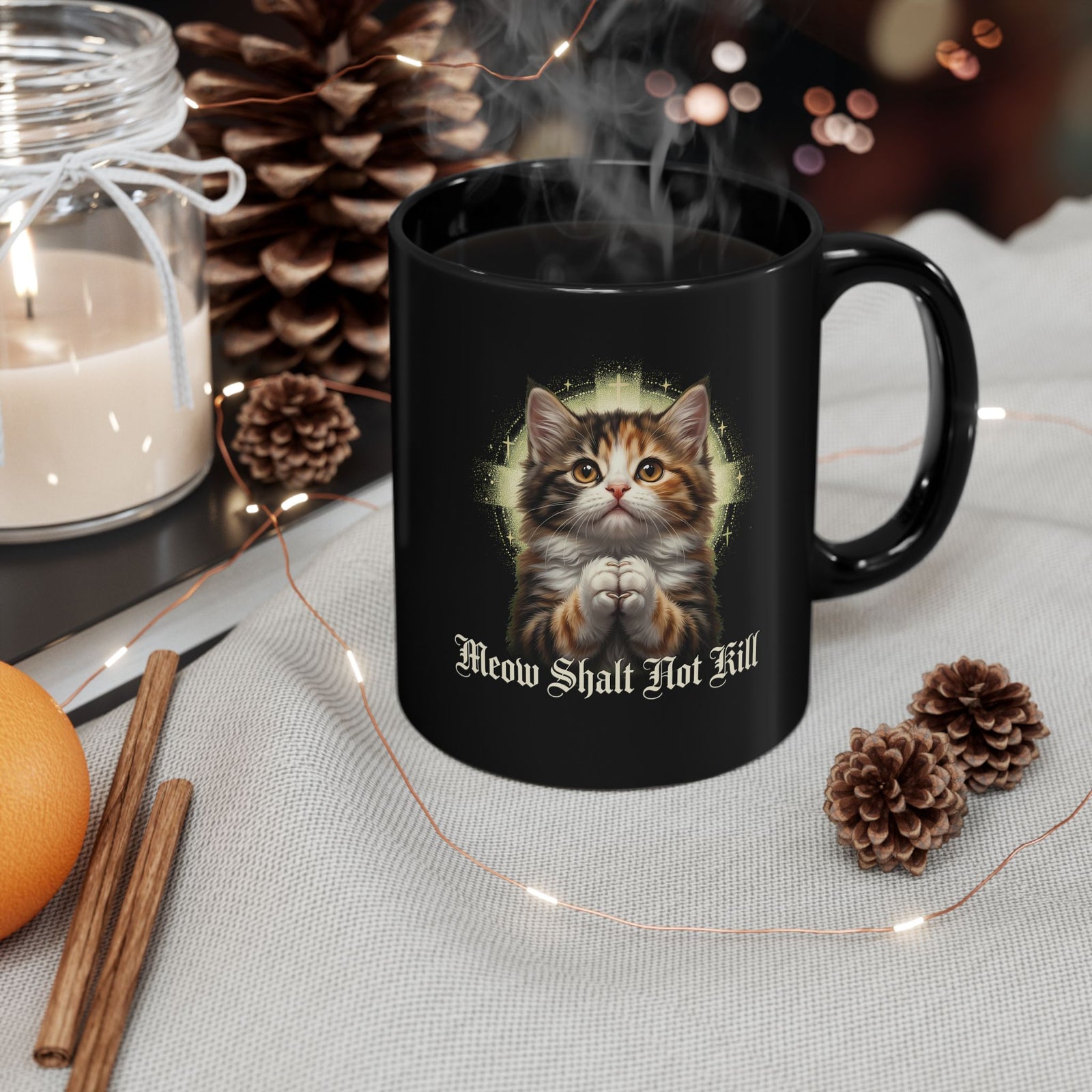 Praying Kitten T‑Mug — "Meow Shalt Not Kill" Cute Vintage Cat Mug