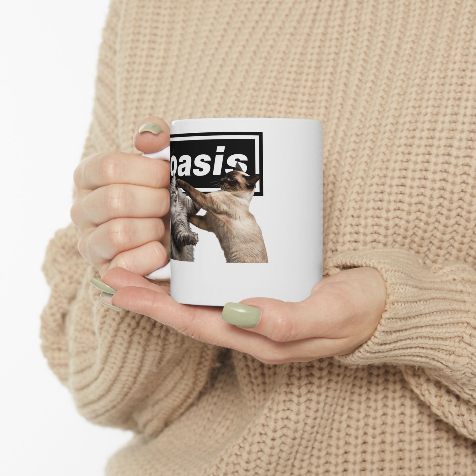 Oasis Cat Fight Ceramic Mug — Desert Cat Battle Graphic Mug