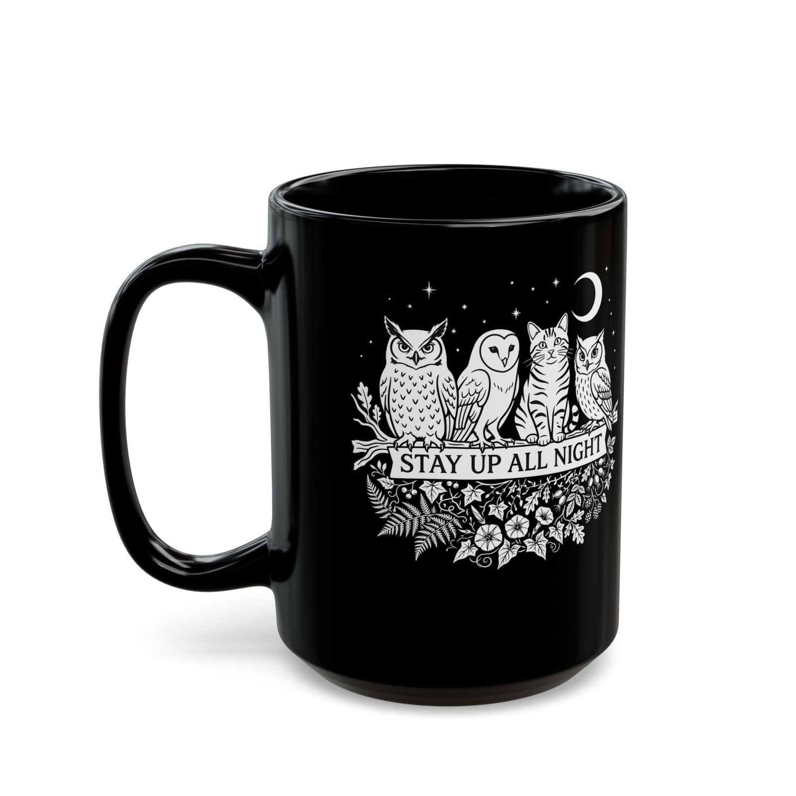 Cat Stays Up All Night Black Mug — Cute Night Owl Cat Mug