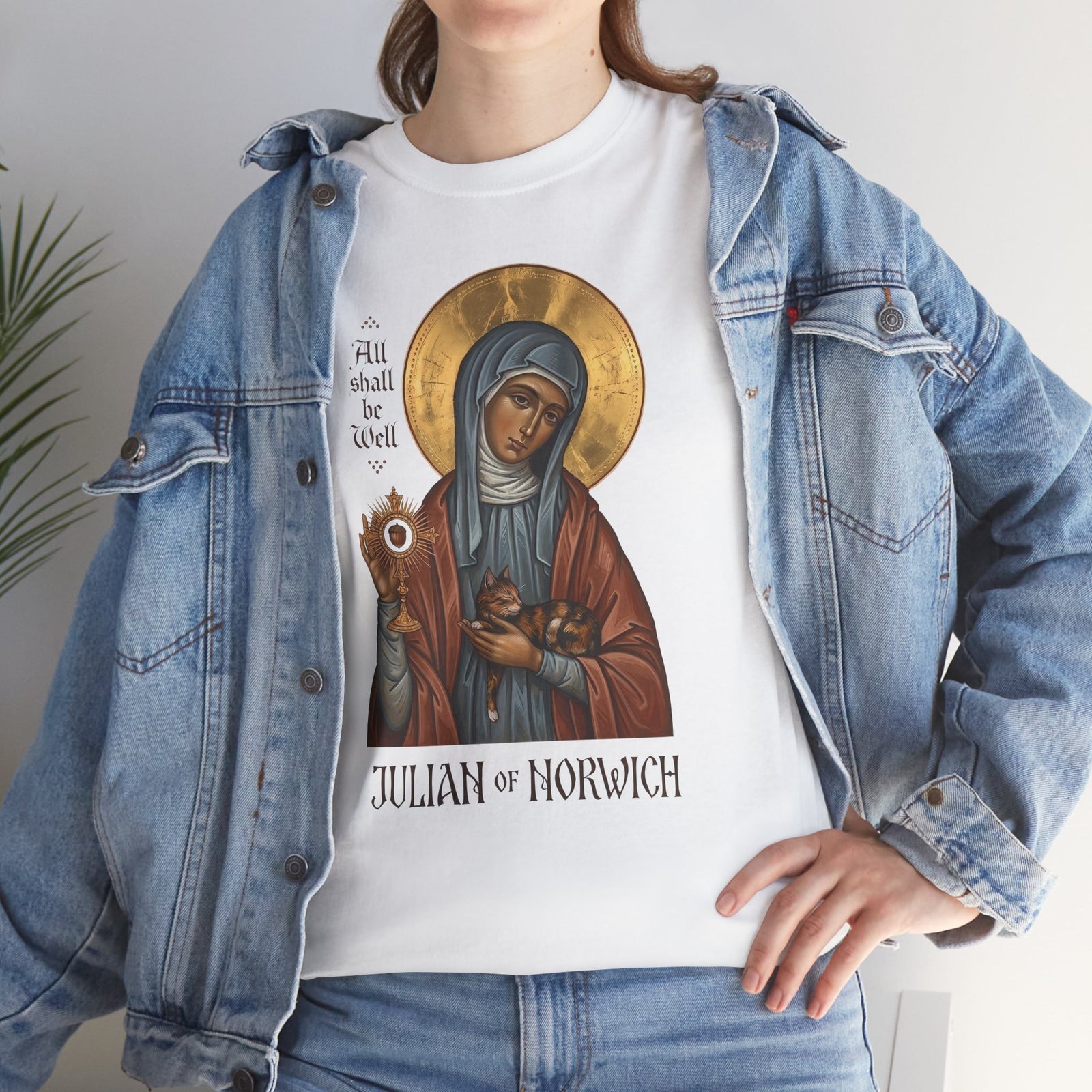 Julian of Norwich & Cat T-Shirt — Spiritual Saint Tee for Cat Lovers