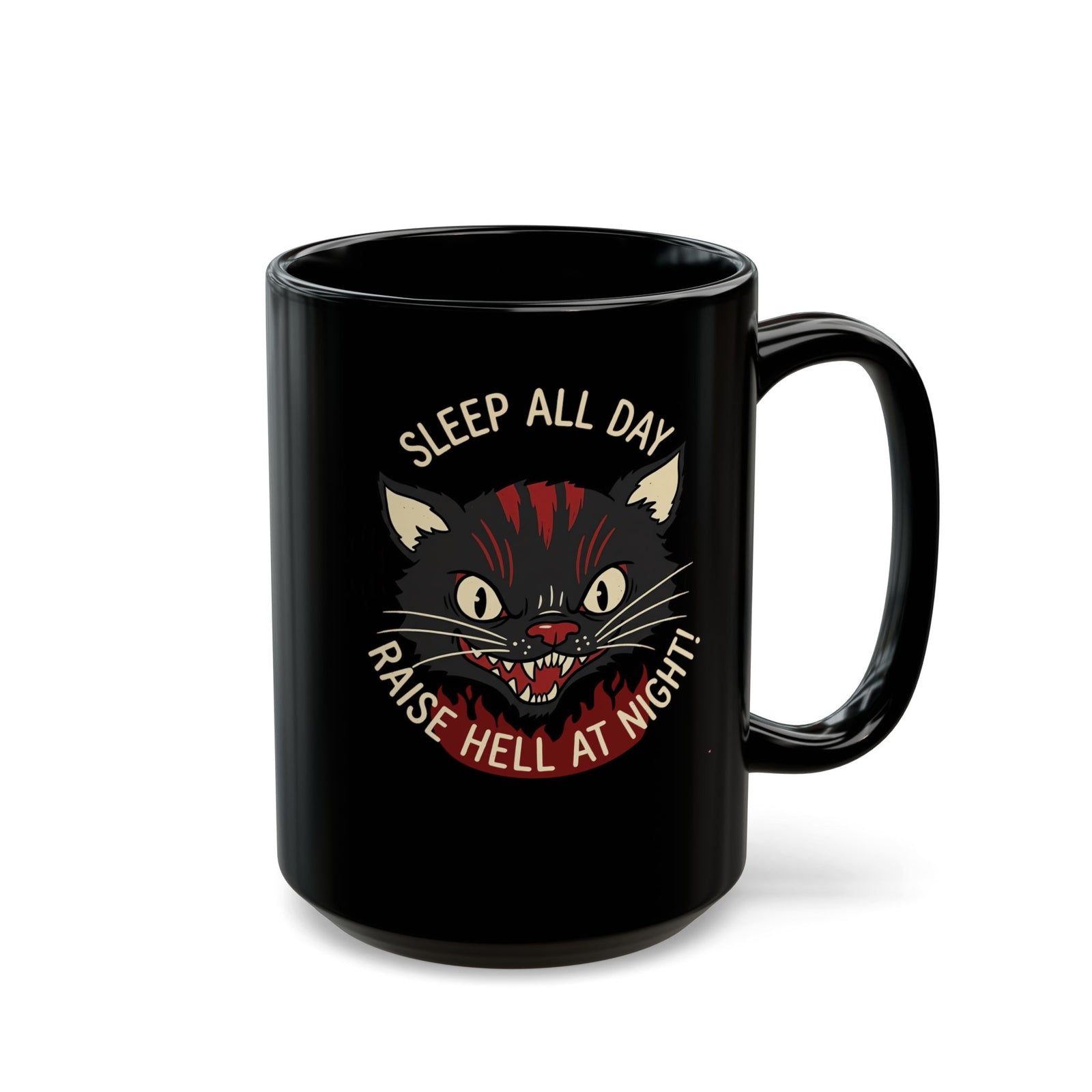Funny Cat 'Sleep All Day, Raise Hell At Night' Black Mug