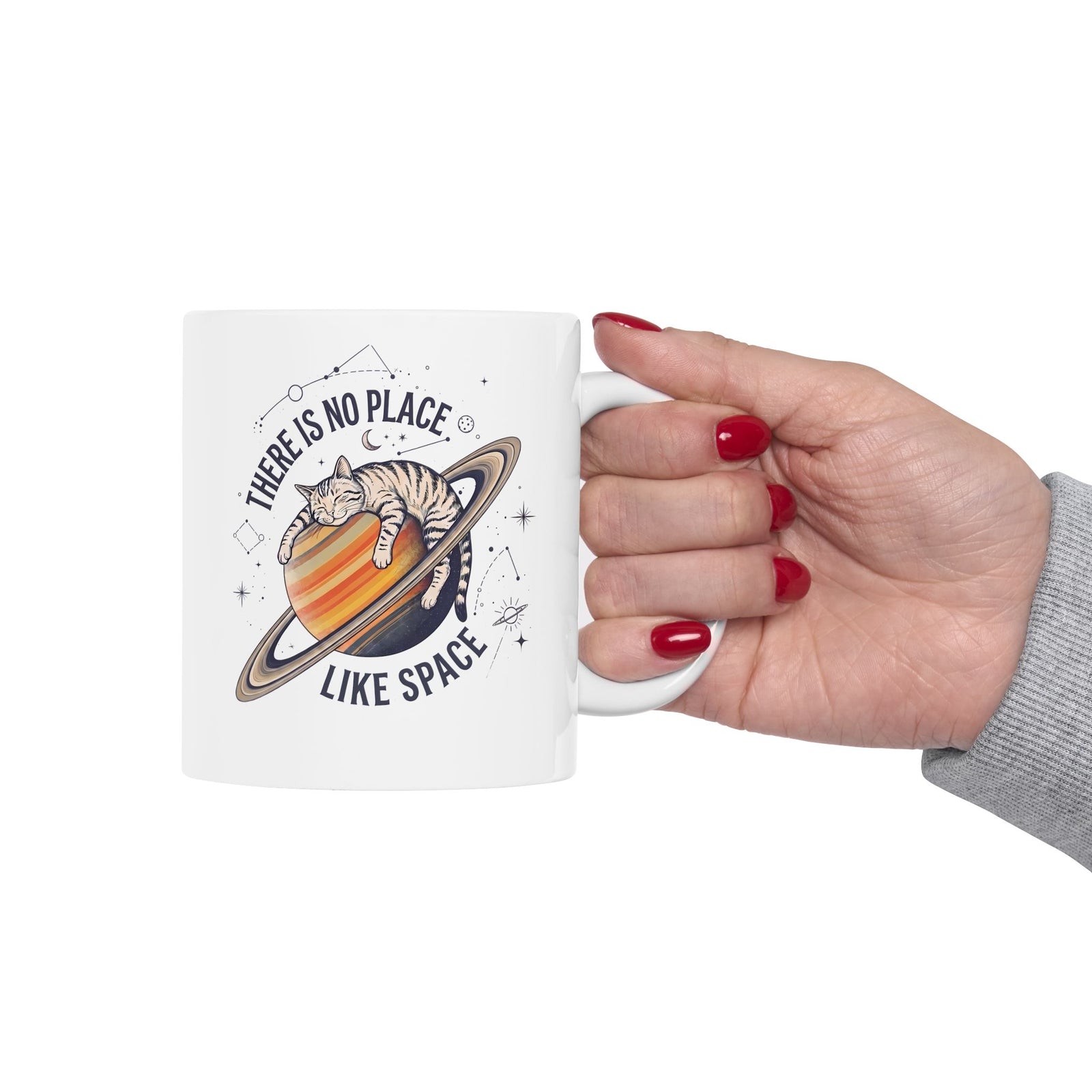 There Is No Place Like Space Ceramic Mug — Funny Sleeping Cat Saturn Mug