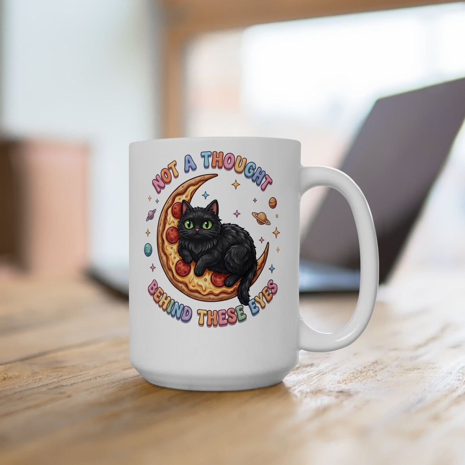 Not A Thought Behind These Eyes Ceramic Mug — Funny Black Cat Pizza Moon Mug