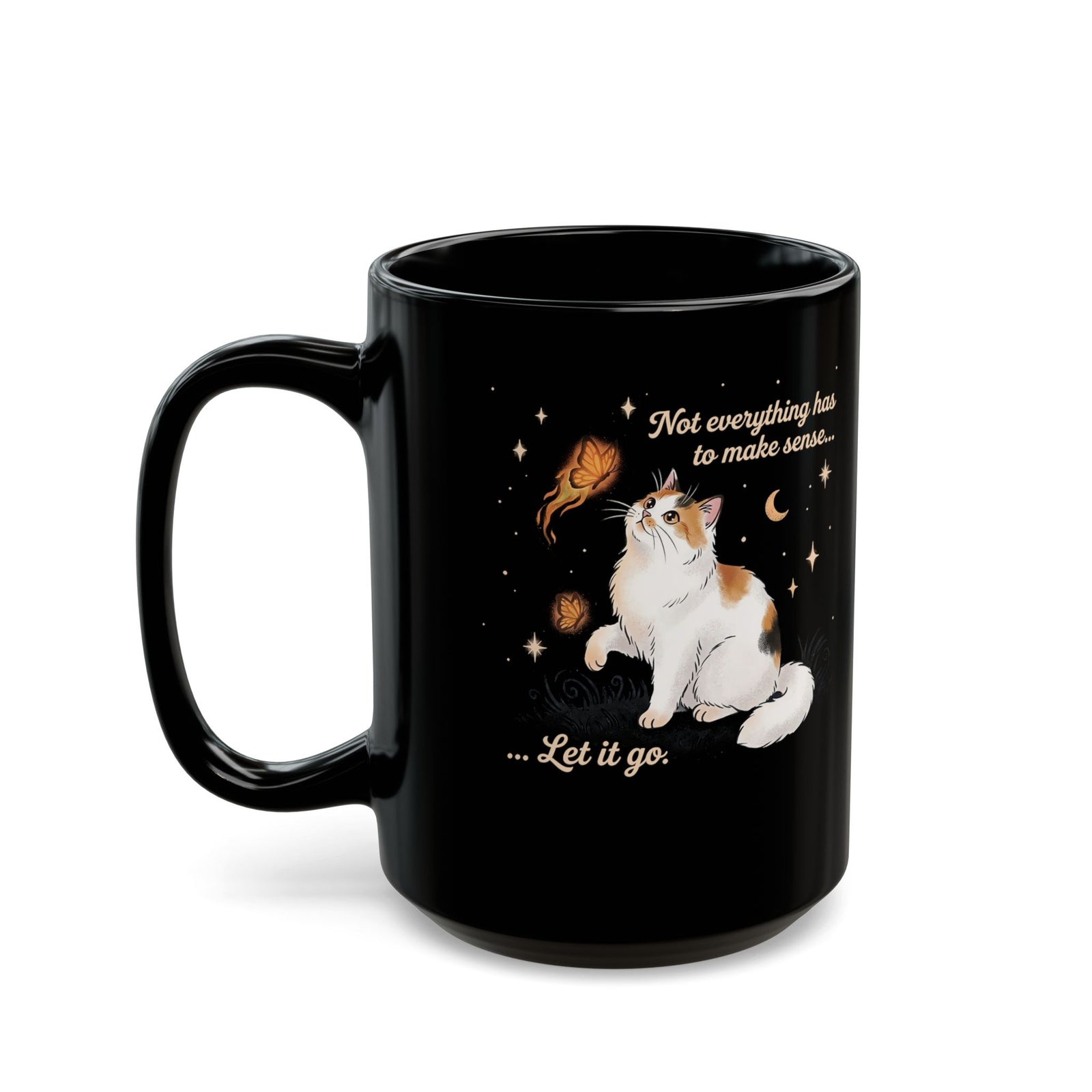 Vintage Whimsical Cat Black Mug — Spiritual Quote Graphic Mug