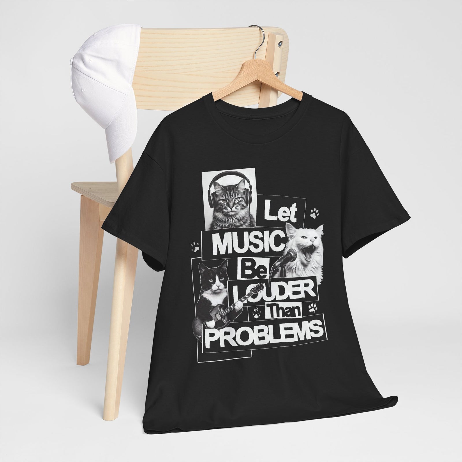 Let Music Be Louder Than Problems T-Shirt — Funny Grunge Rock Cat Band Tee