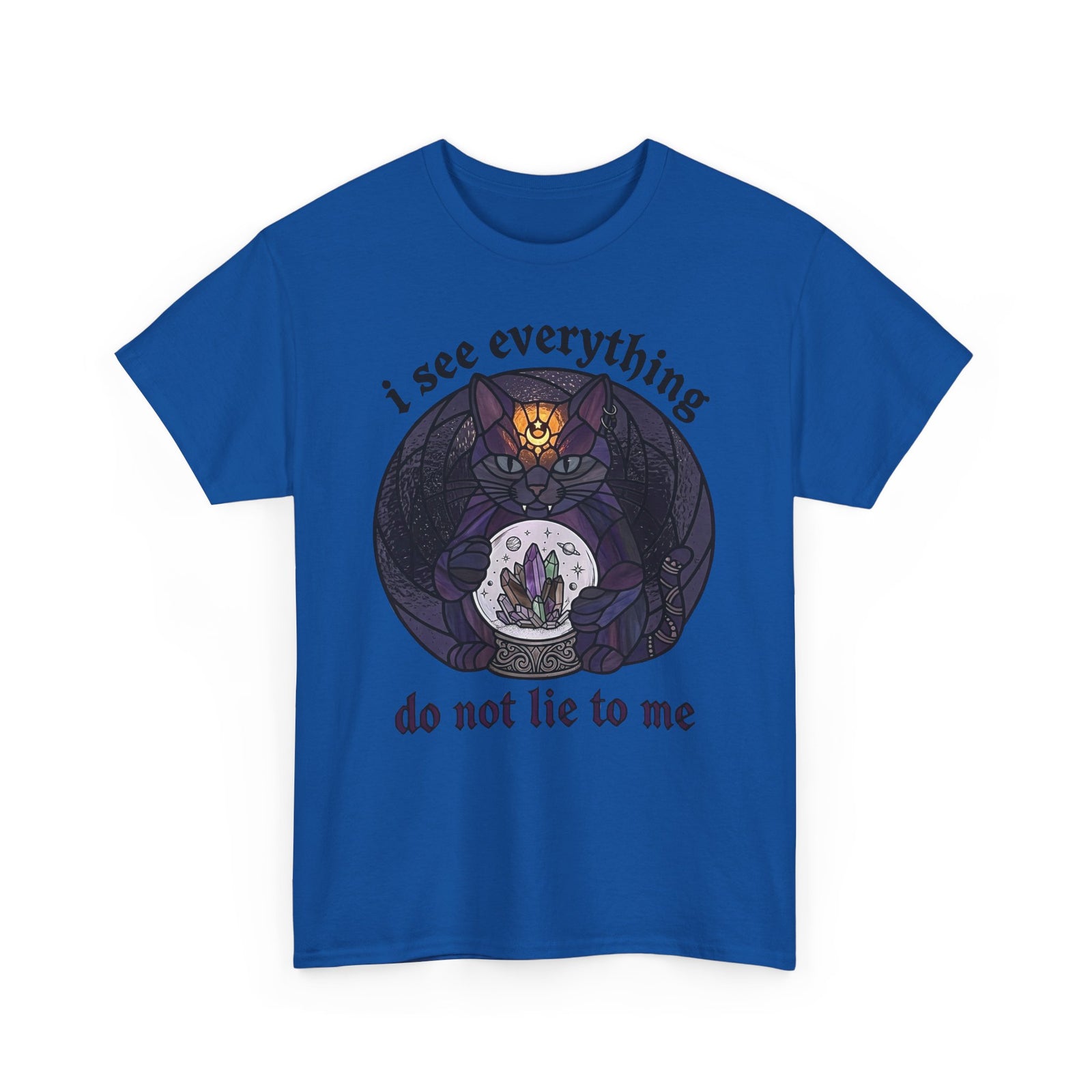 Mystic Fortune Teller Cat T-Shirt "I See Everything" Stained Glass Spiritual Kitten