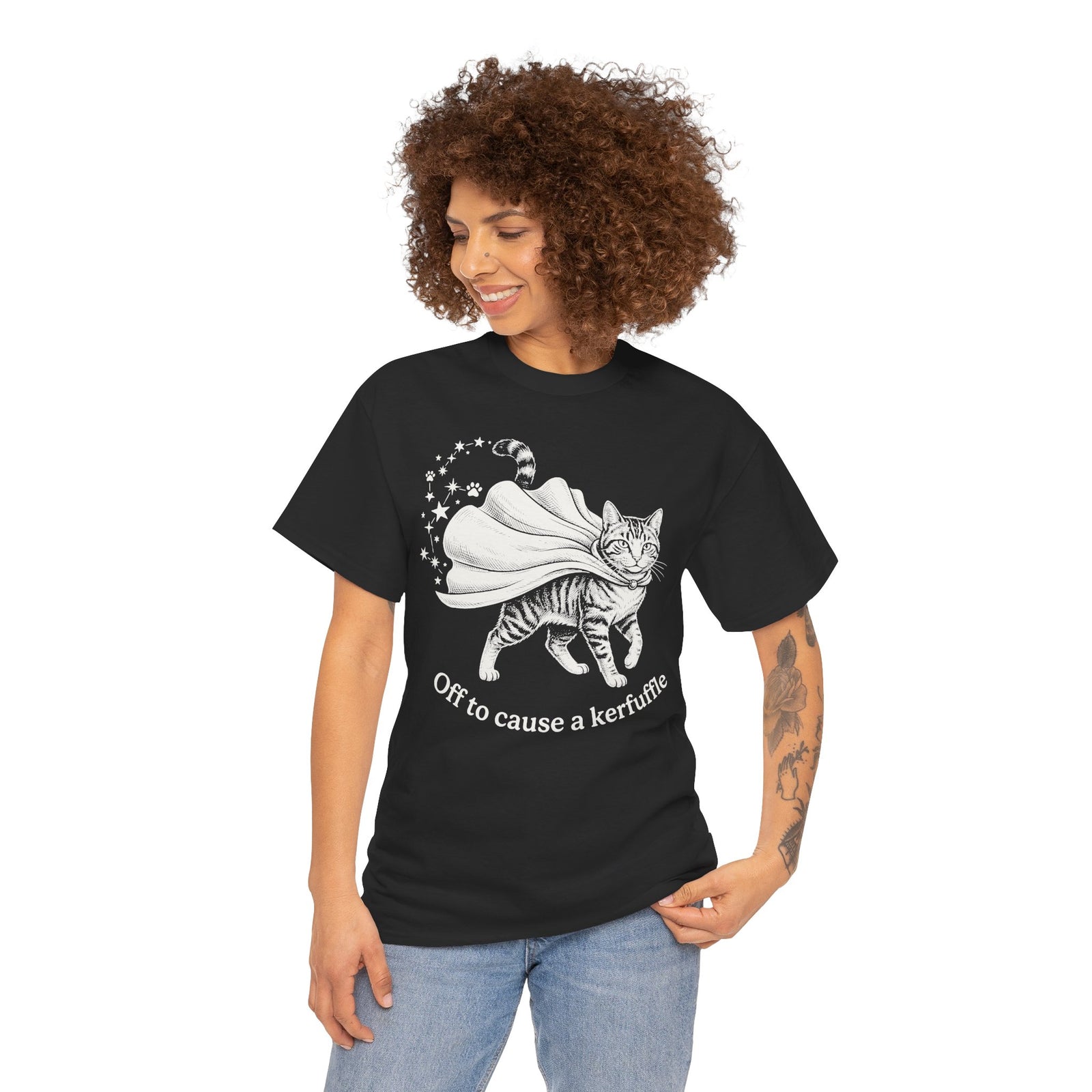 Cat Cape T-Shirt — "Off to cause a kerfuffle" Cute Mischief Cat Tee