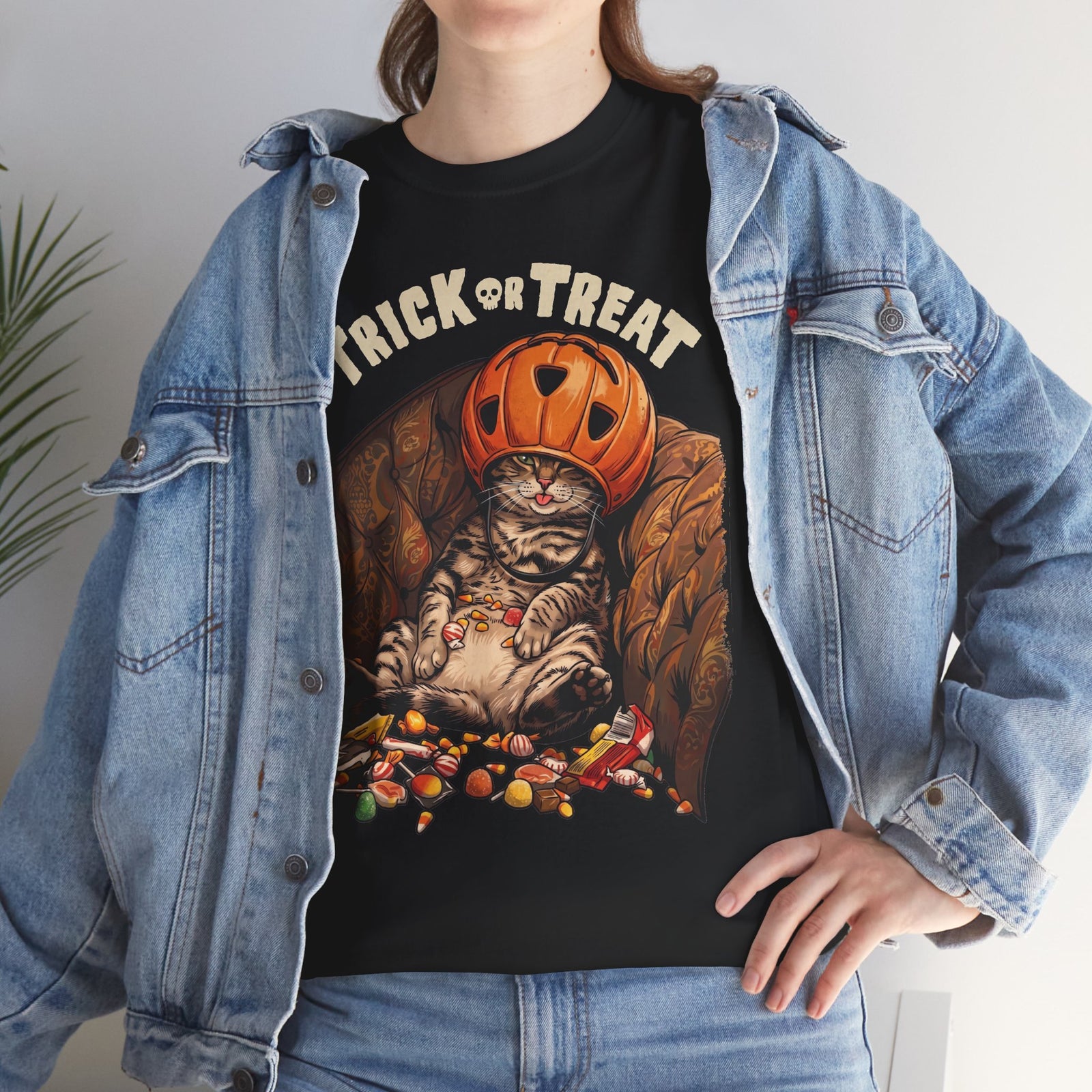 Trick Or Treat Pumpkin Helmet Cat T-Shirt — Funny Halloween Candy Coma Tee