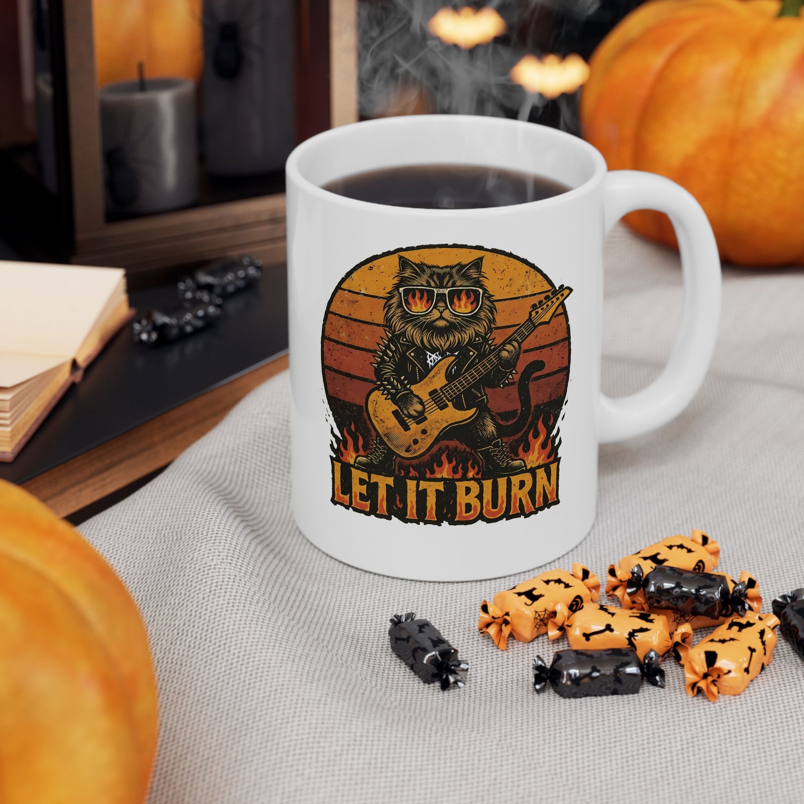 Let It Burn Rocker Cat Ceramic Mug — Heavy Metal Guitar Feline Graphic