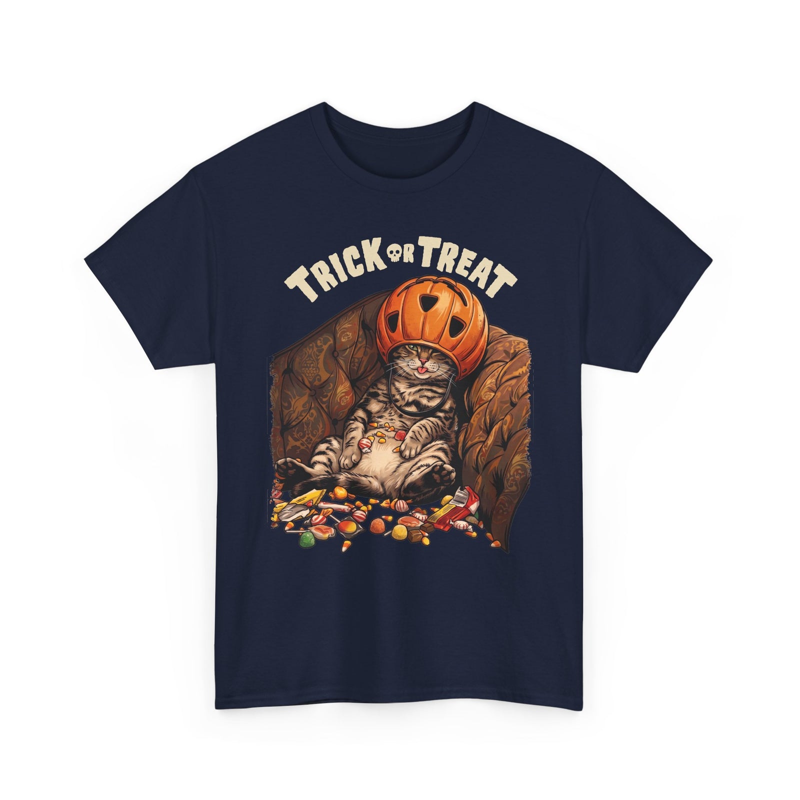 Trick Or Treat Pumpkin Helmet Cat T-Shirt — Funny Halloween Candy Coma Tee