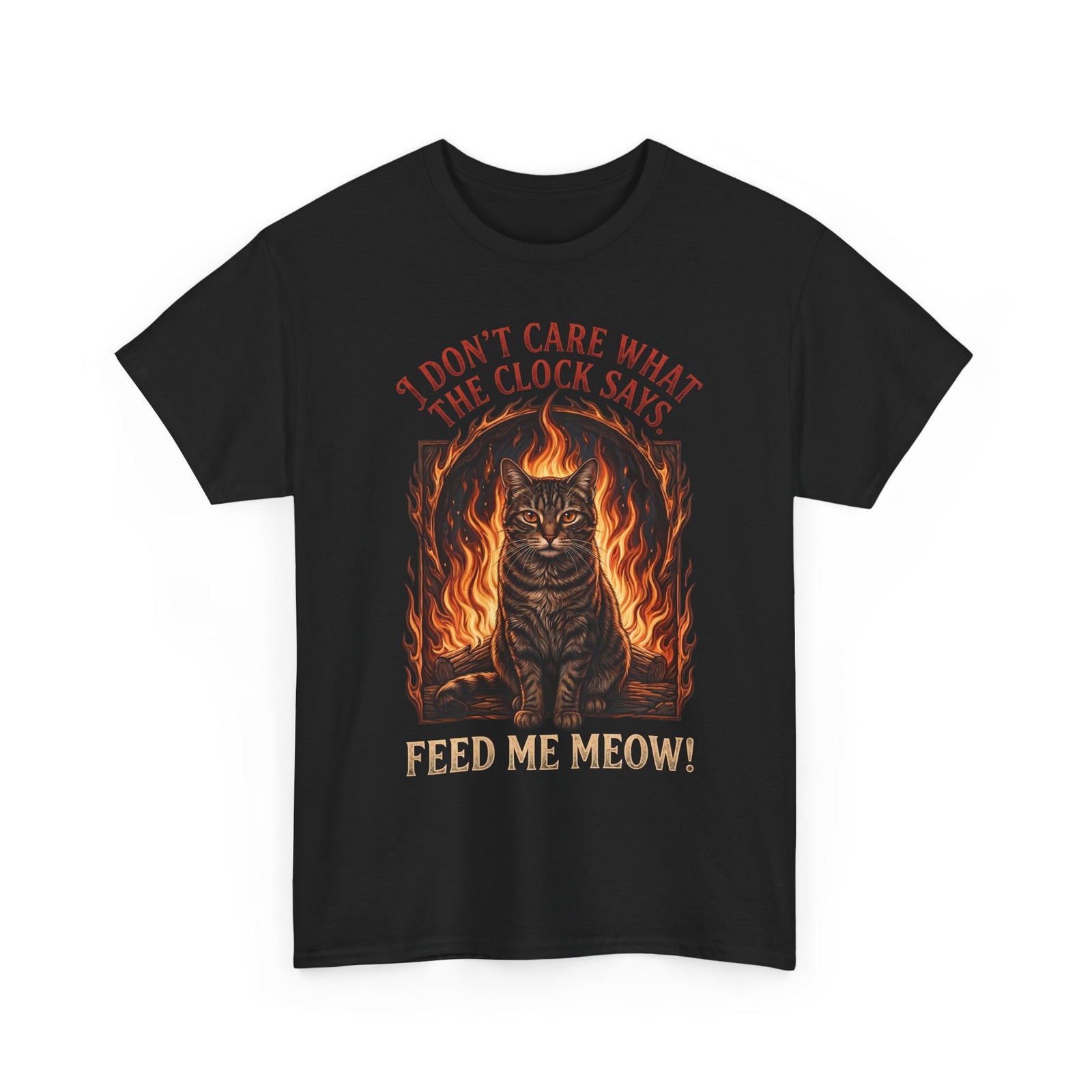 Feed Me Meow T-Shirt — Funny Hungry Tabby Cat Fiery Graphic Tee