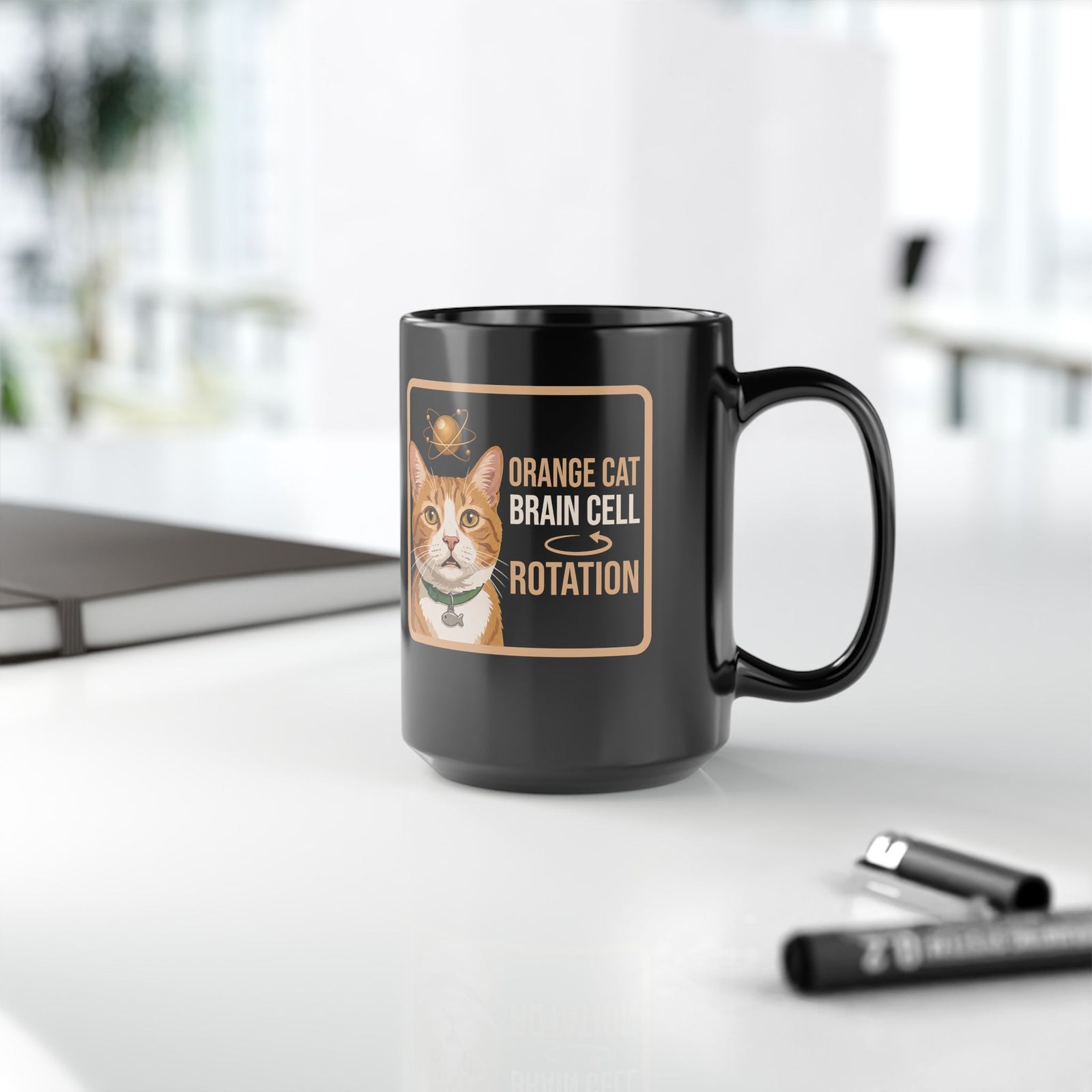 Orange Cat Brain Cell Rotation Black Mug
