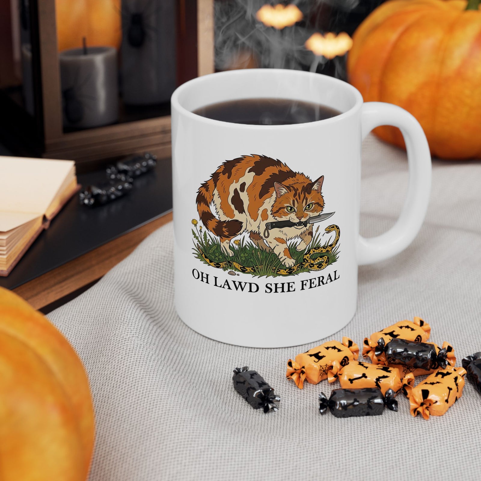 Feral Cats Mug — “Oh Lawd She Feral Cats!” Graphic Ceramic Mug