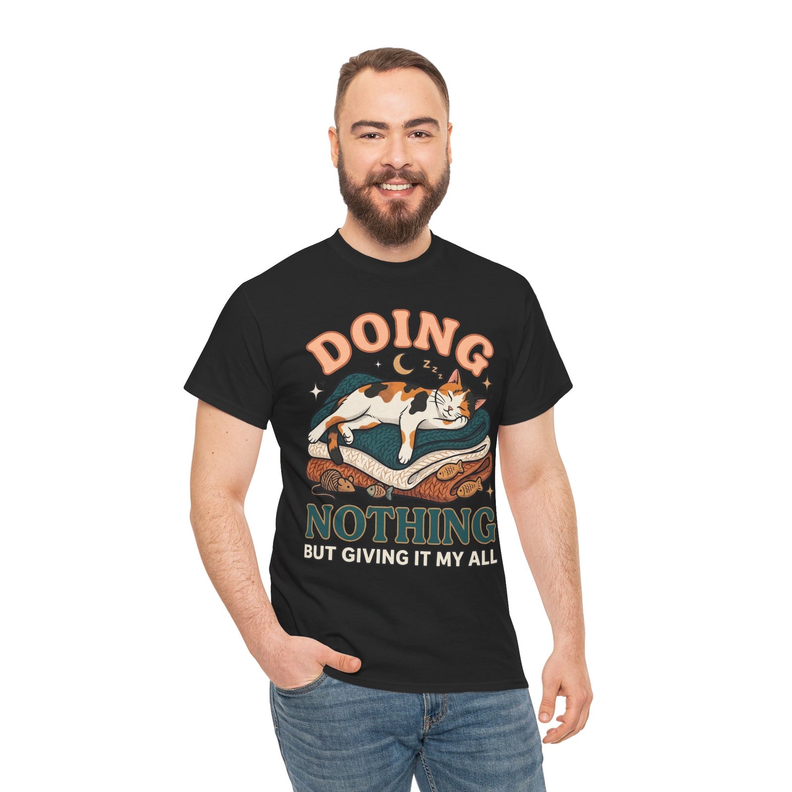 Doing Nothing Cat T‑Shirt Retro Calico Cat “Doing Nothing But Giving It My All” Graphic Tee