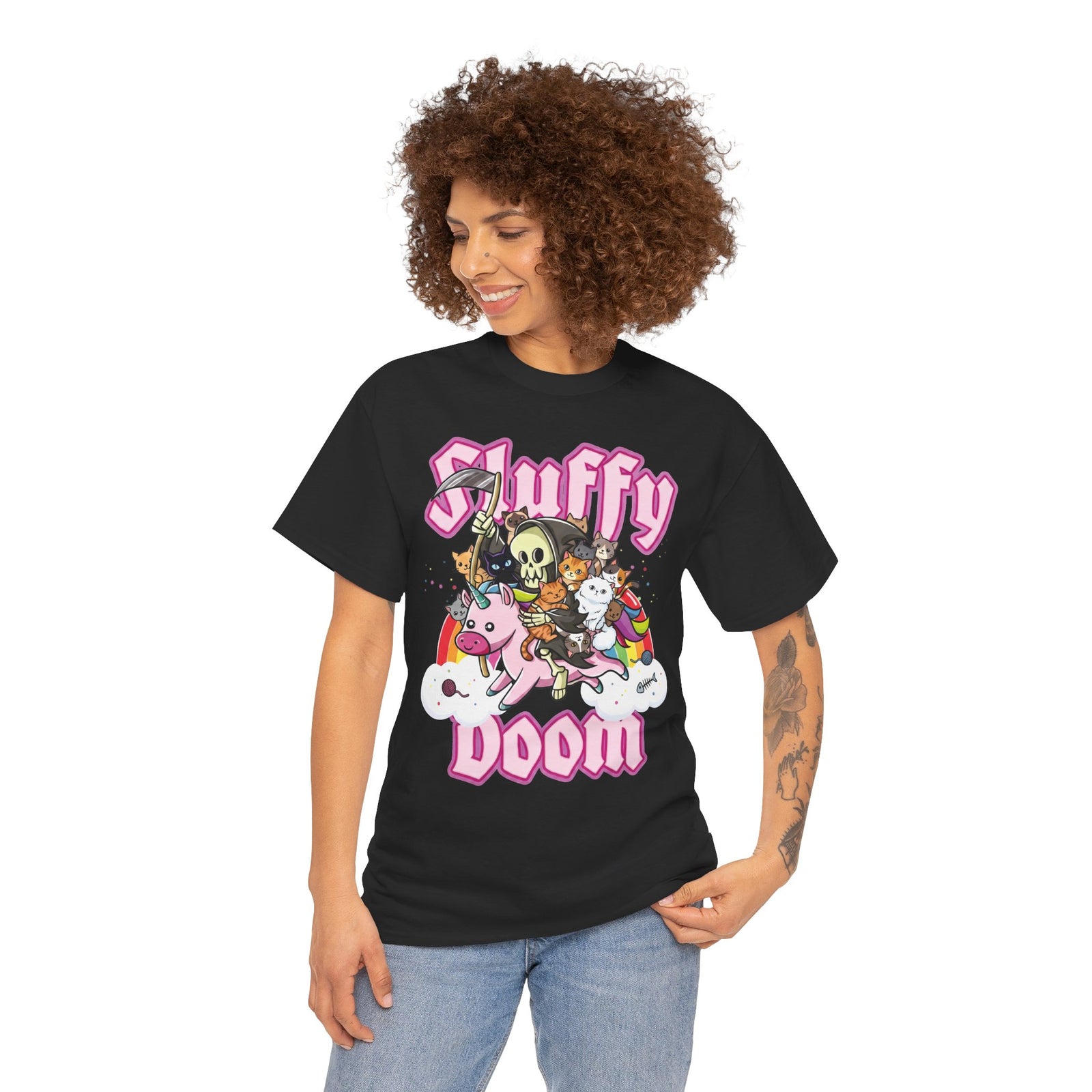 Sluffy Doom Grim Reaper Riding Unicorn T-Shirt — Pastel Goth Cat Tee