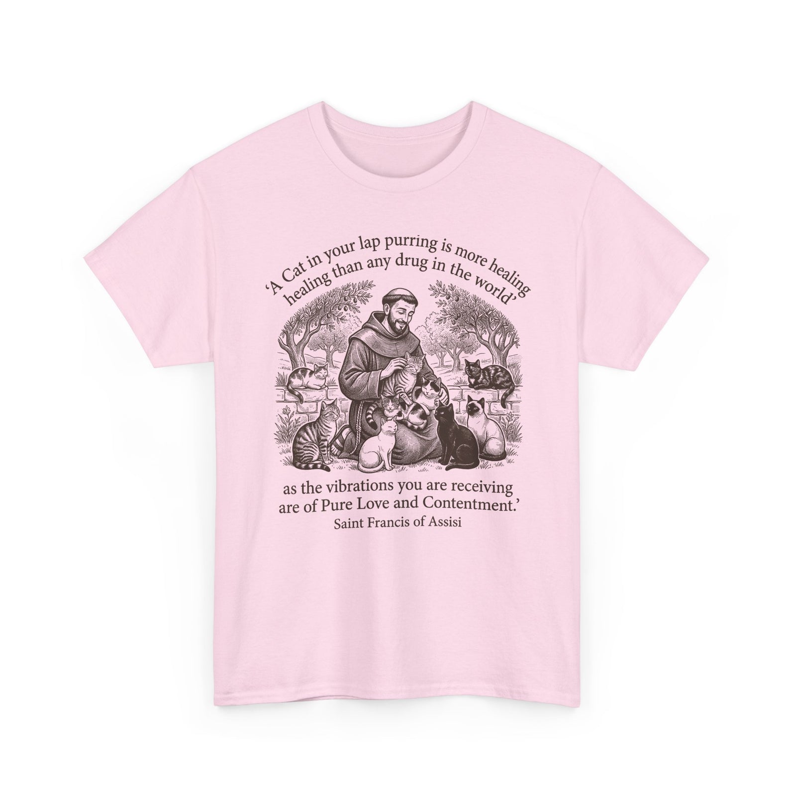 Saint Francis Vintage Graphic Tee — "A Cat in Your Lap Purring" Spiritual Animal Lover Shirt