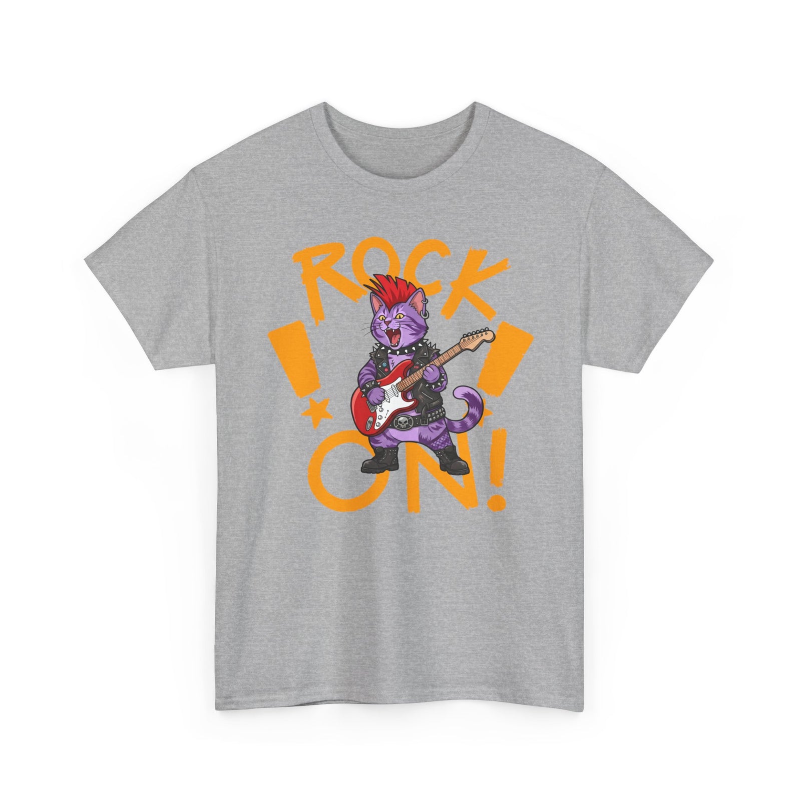 Rock On Punk Rock Cat T-Shirt — Purple Feline Mohawk Electric Guitar Tee