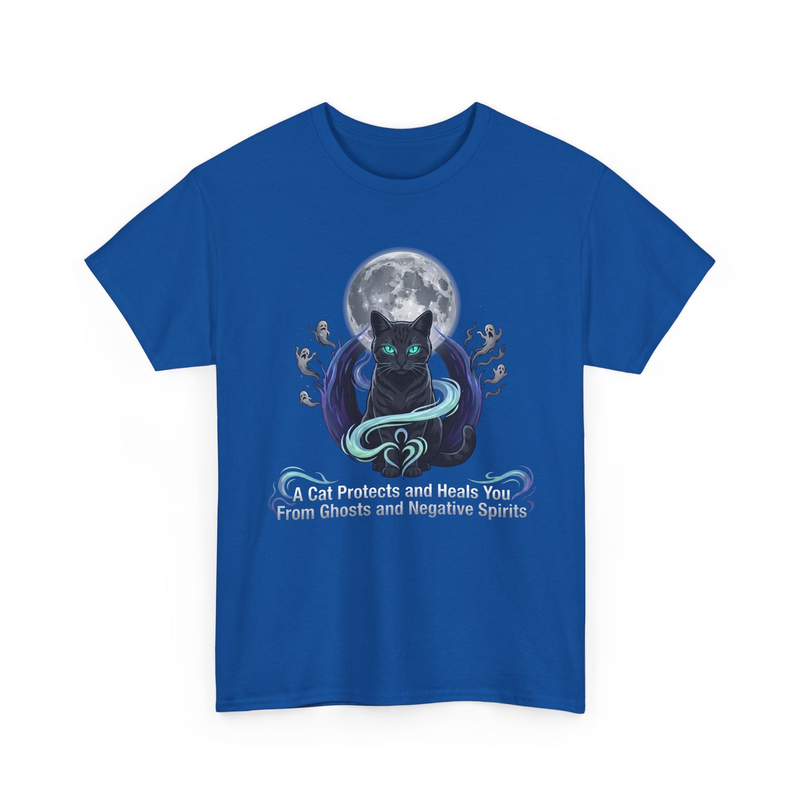 Protective Cat Tee — "A Cat Protects and Heals You From Ghosts and Negative Spirits"