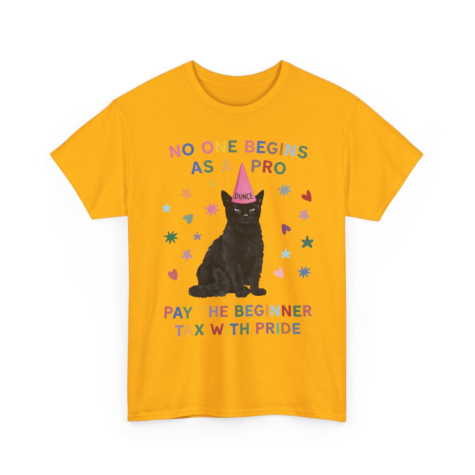 No One Begins As A Pro T-Shirt — Funny Black Cat Dunce Hat Beginner Tax Tee
