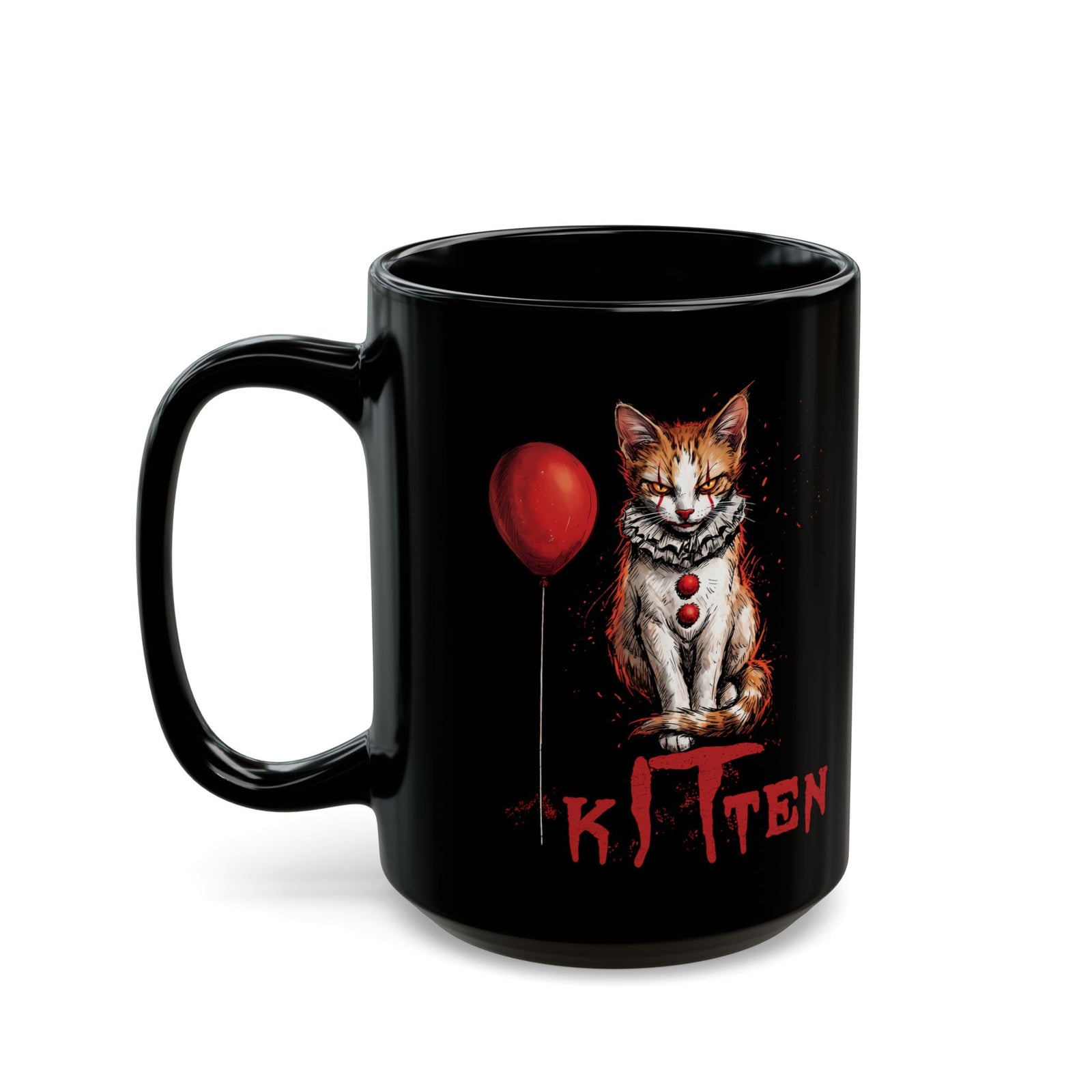 KITTEN Horror Clown Black Mug — Spooky Orange Tabby Clown Cosplay Drinkware