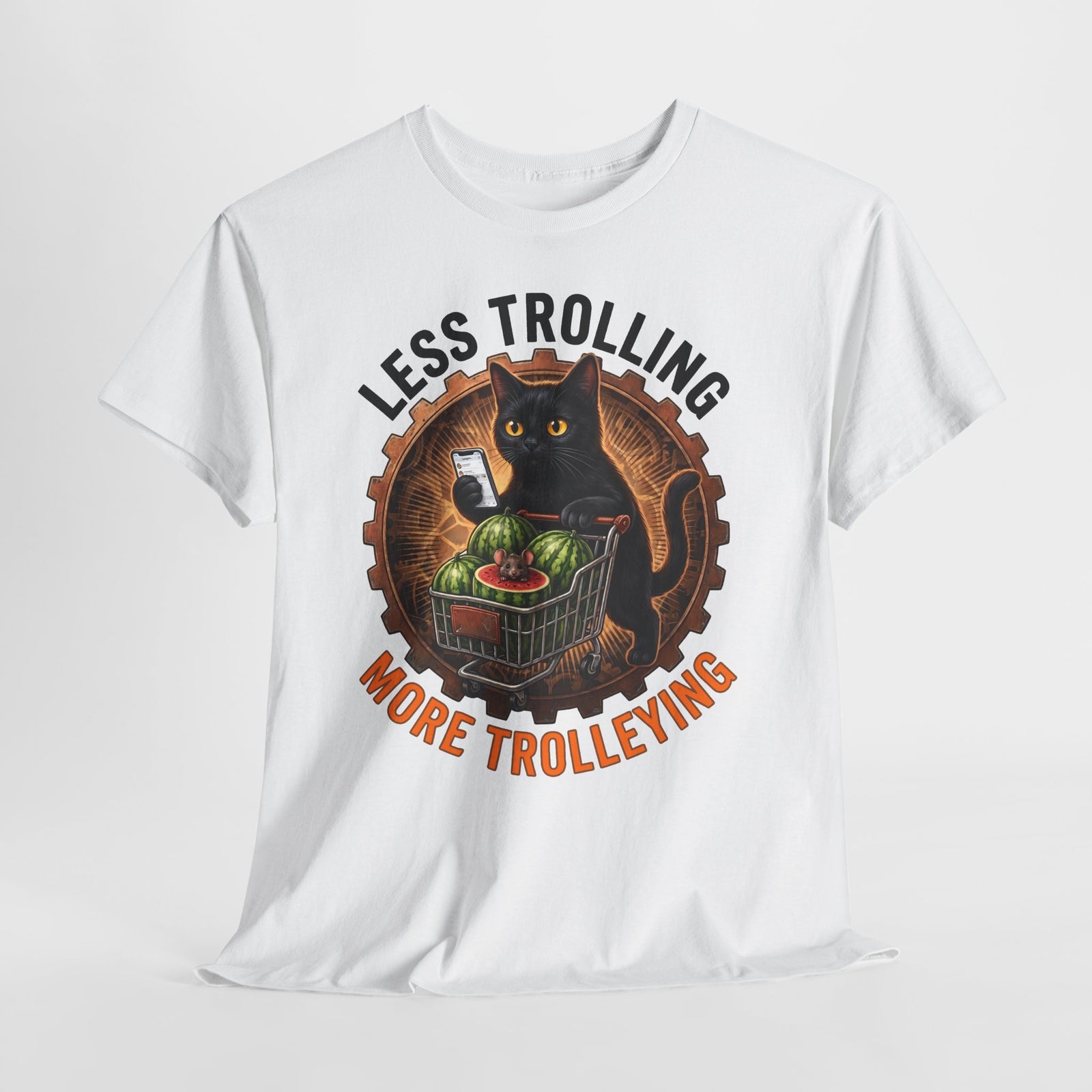 Less Trolling More Trolleying T-Shirt — Funny Black Cat Shopping Cart Pun Tee