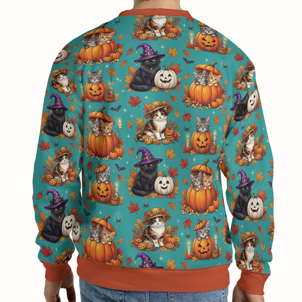 Festive Fall Pumpkin & Witch Cat Full Print Sweatshirt - - 2
