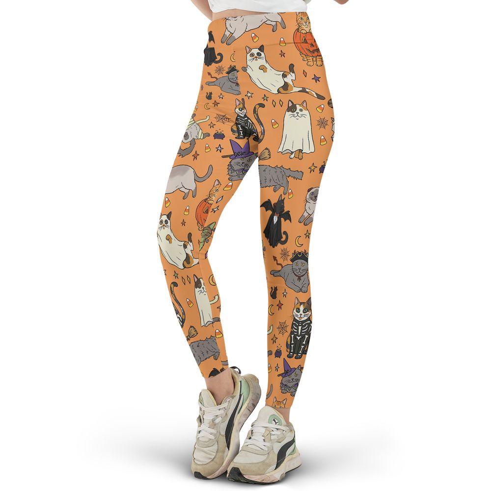 Spooky Orange Halloween Costume Cats Pattern Full Print Legging - - 2