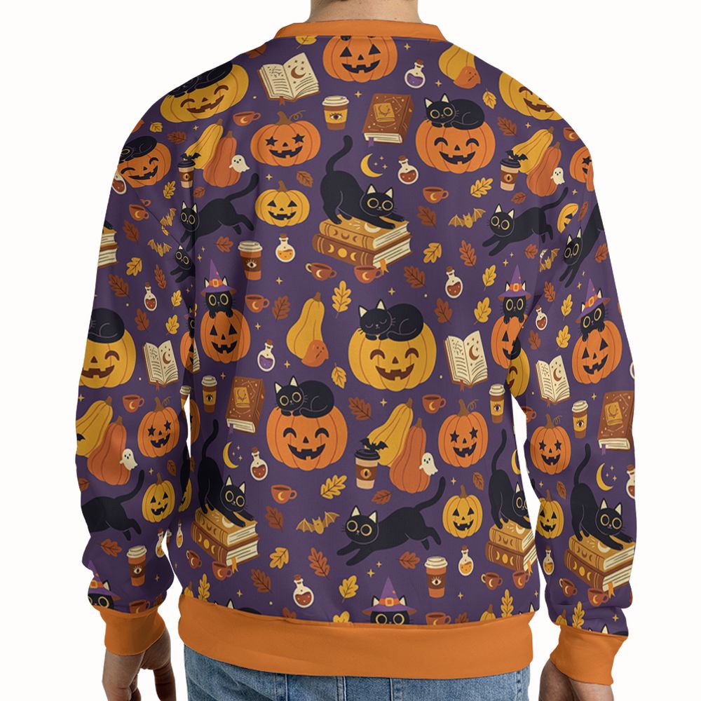 Purple Spooky Black Cat & Pumpkin Magic Full Print Sweatshirt - - 2