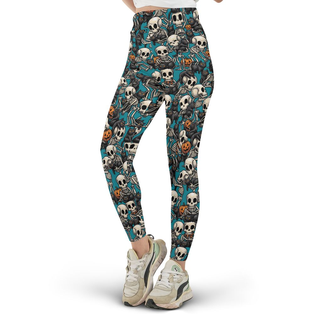Black Cat Skeleton Halloween Full Print Legging - - 2