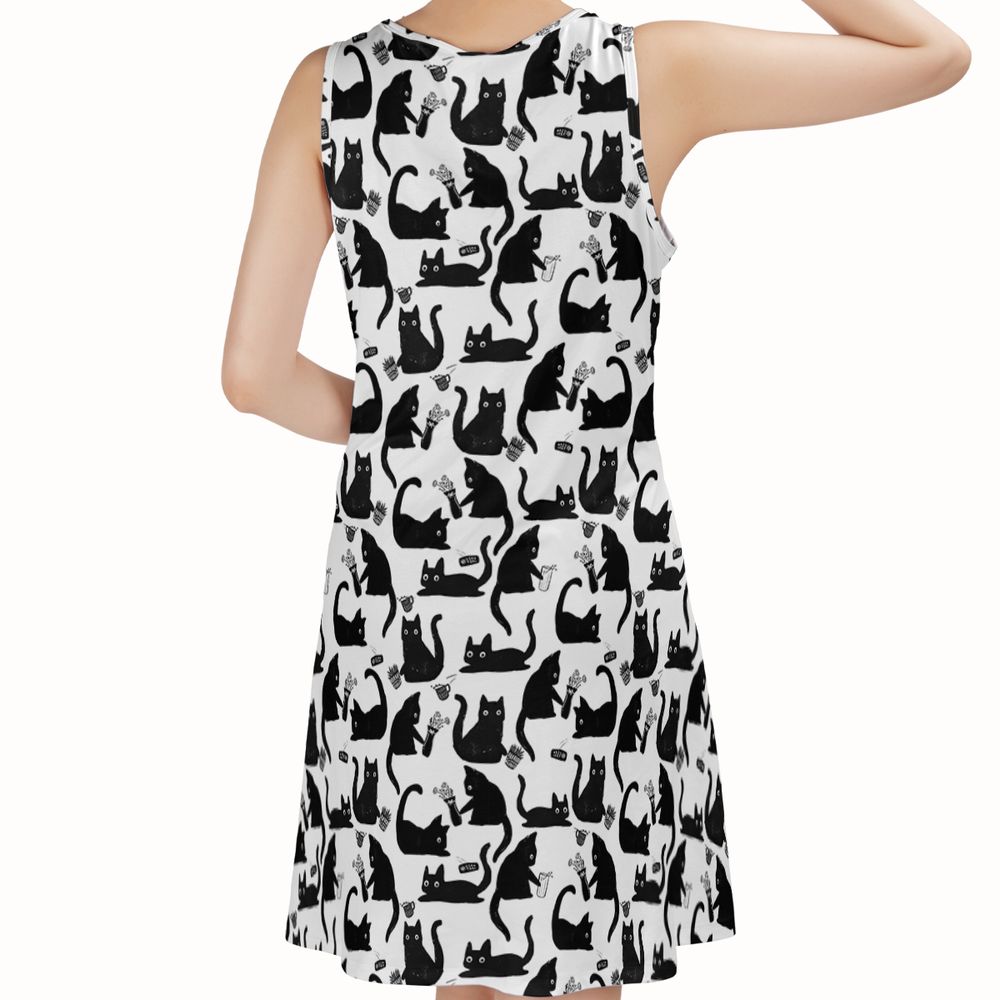 Mischievous Black Cat Pattern Sleeveless Dress - - 2