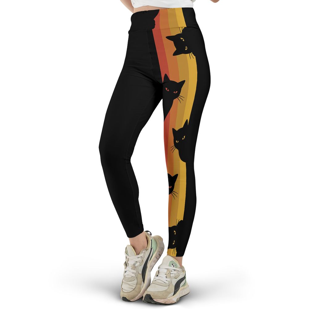Retro Sunset Peeking Black Cat Full Print Legging - - 2