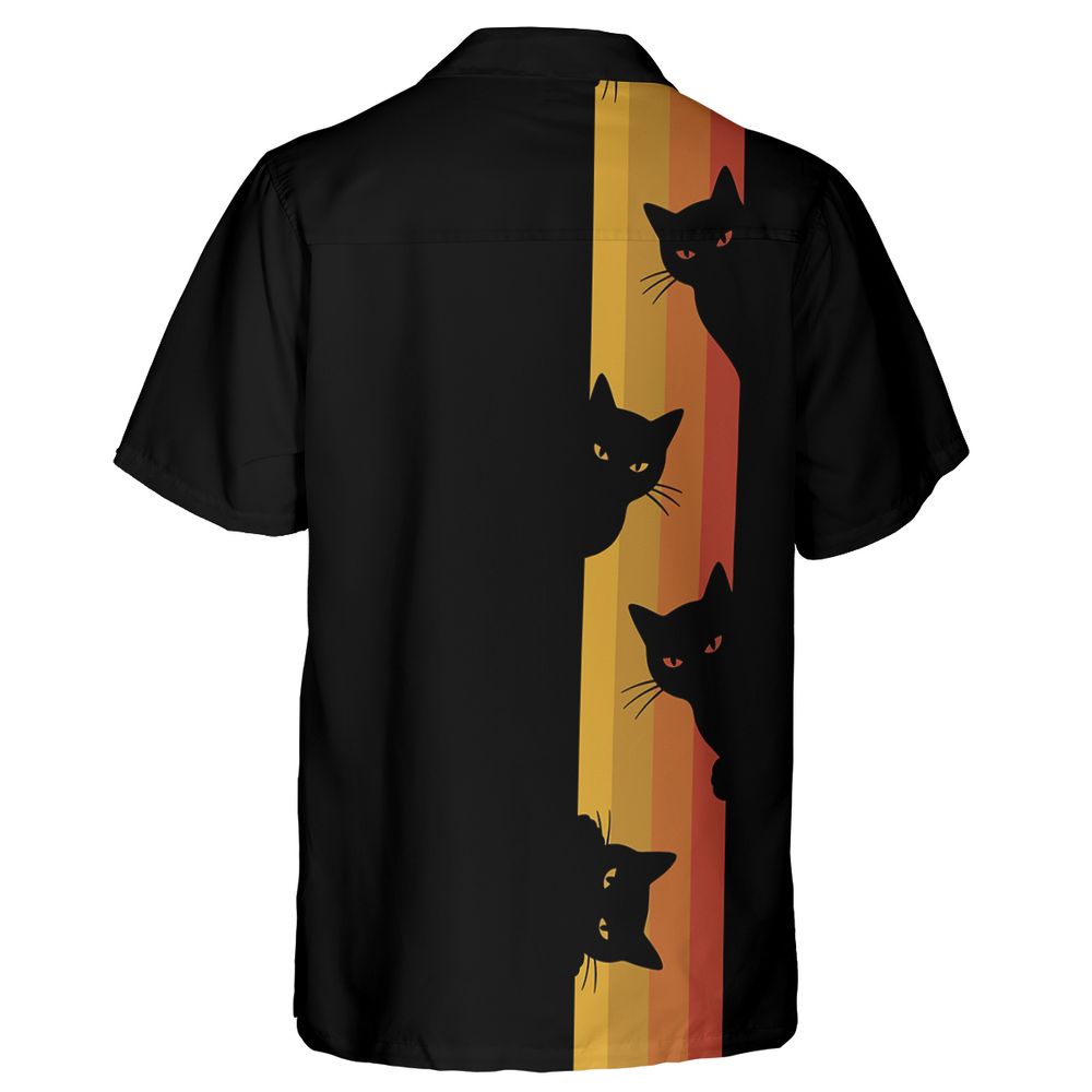 Retro Sunset Peeking Black Cat Hawaiian Shirt - - 2