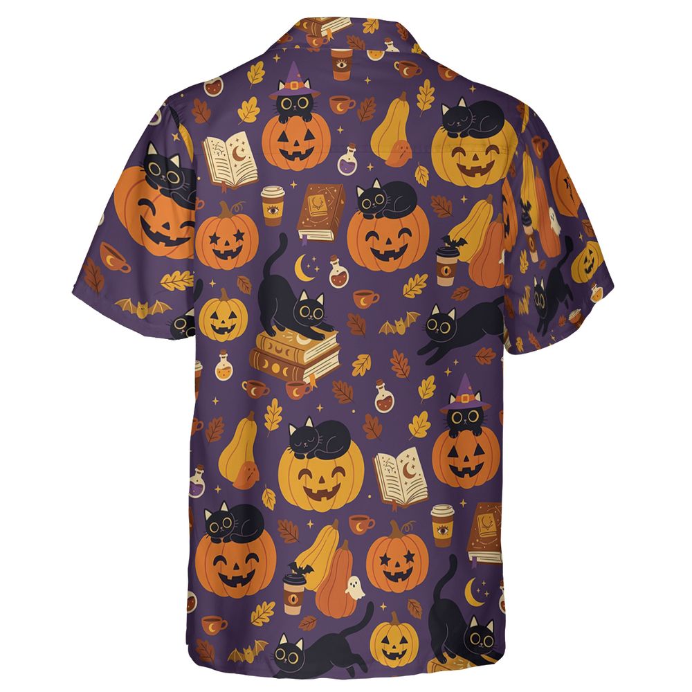 Purple Spooky Black Cat & Pumpkin Magic Hawaiian Shirt - - 2